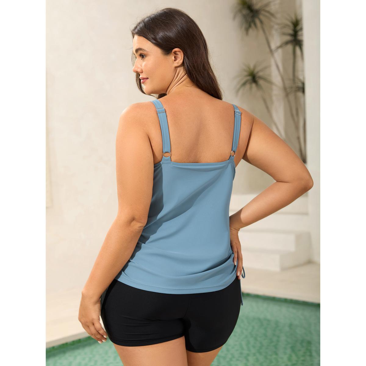 Plus Size Adjustable Drawstring Keyhole Swim Top Women's Swimwear LightBlue Beach Cut-Out High stretch Bodycon U-neck Curve Swim Tops BloomChic 14-16/1X Product Image