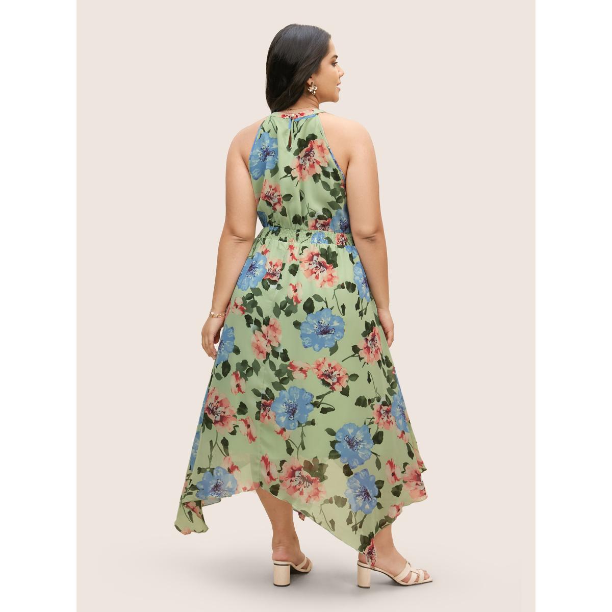 Plus Size Floral Shirred Asymmetrical Hem Sleeveless Dress Palemauve Women Elegant Asymmetrical Round Neck Sleeveless Curvy BloomChic 28/5X Product Image