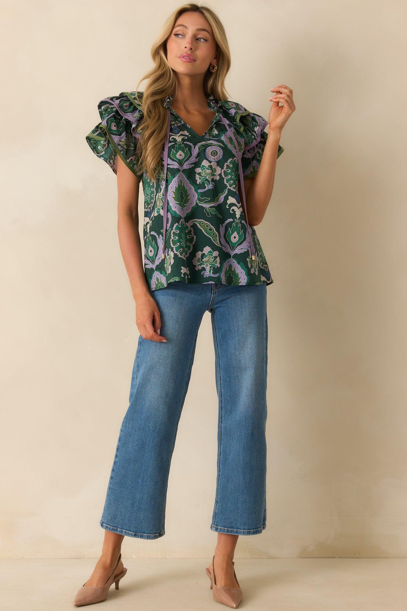 The Rest Is Certain Green Multi Print Cotton Ruffle Sleeve Blouse L / Green Product Image