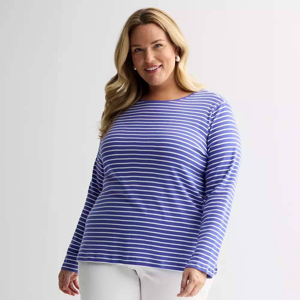 Plus Size Croft & Barrow® Essential Crewneck Long Sleeve Tee, Women's, Size: 1XL, Purple Clean Stripe Product Image