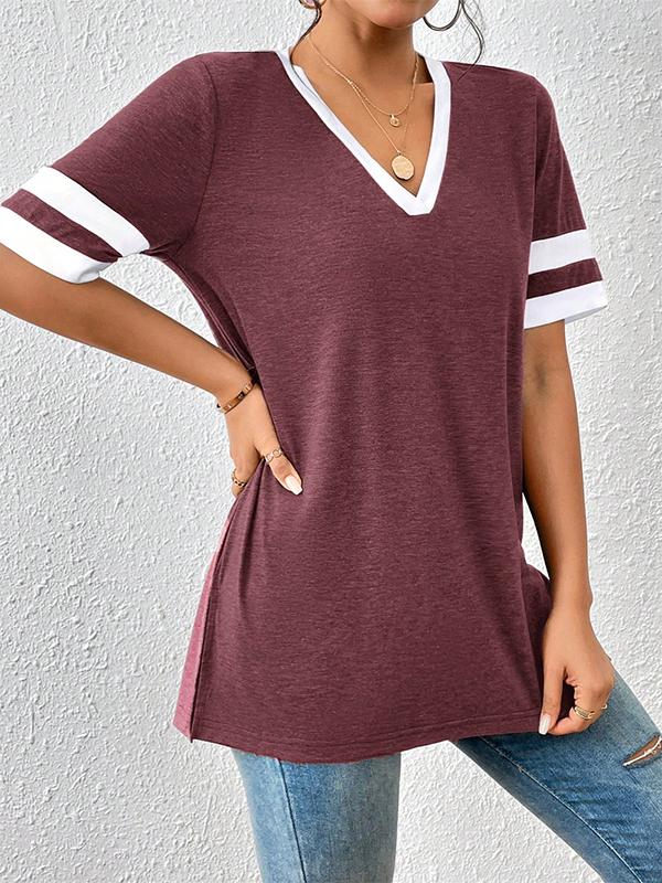 Loose Short Sleeves Split-Joint Split-Side Striped V-Neck T-Shirts Tops Product Image