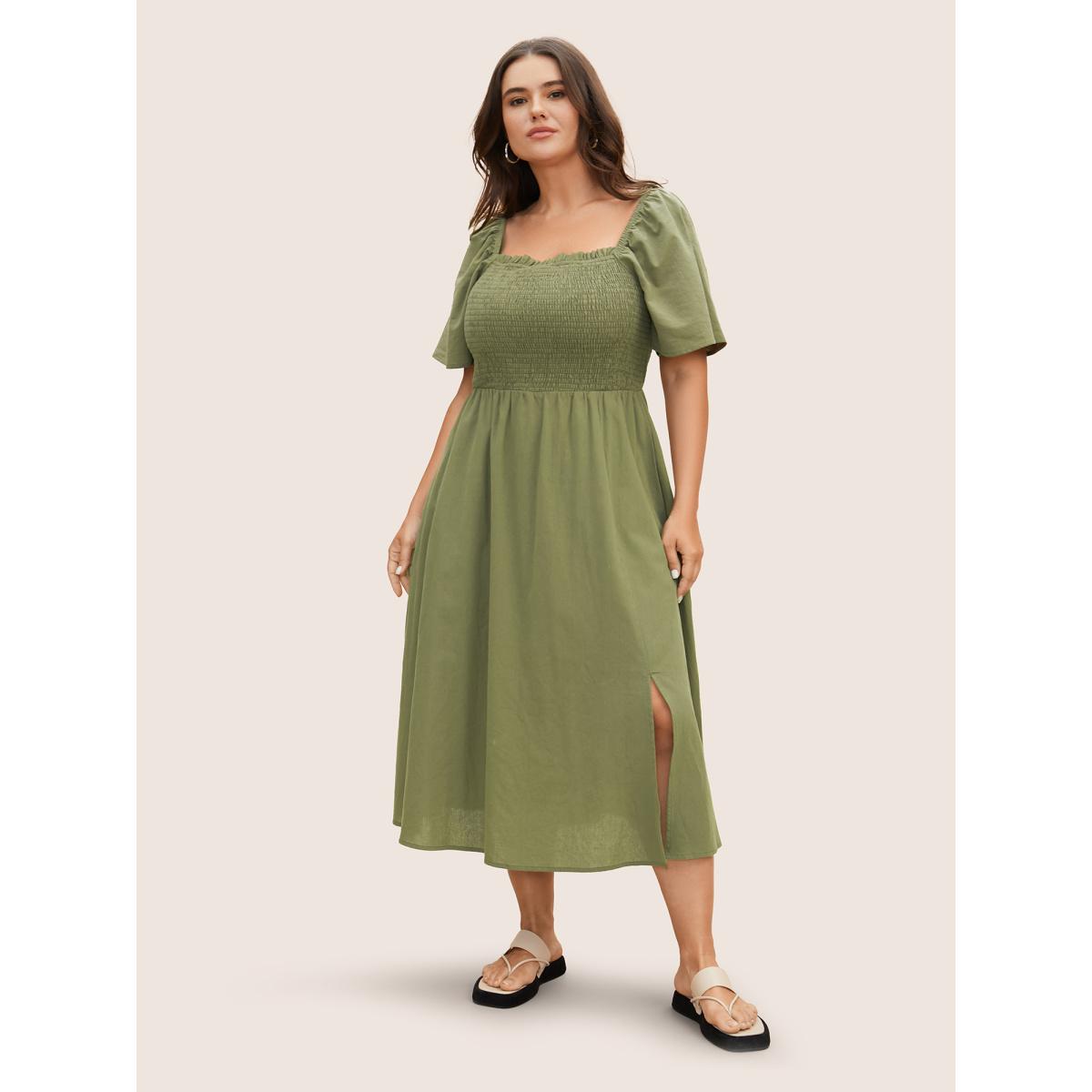 Plus Size Cotton Square Neck Shirred Ruffle Sleeve Split Hem Dress ArmyGreen Women Casual Gathered Square Neck Short sleeve Curvy BloomChic 30/6X Product Image