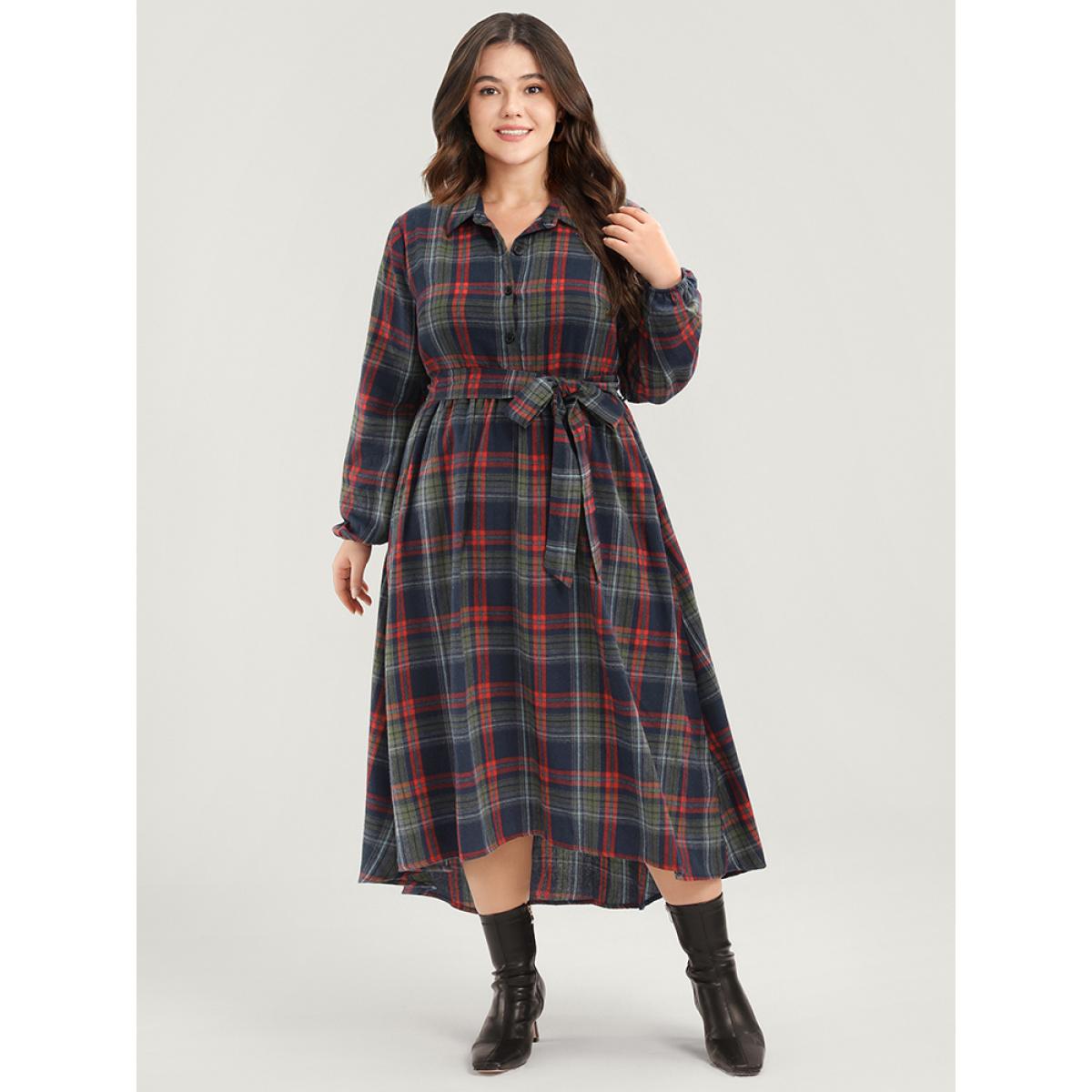 Plus Size Tartan Shirt Collar Lantern Sleeve Belted High Low Hem Dress Indigo Women Elegant Belted Shirt collar Long Sleeve Curvy Long Dress BloomChic 18-20/2X Product Image