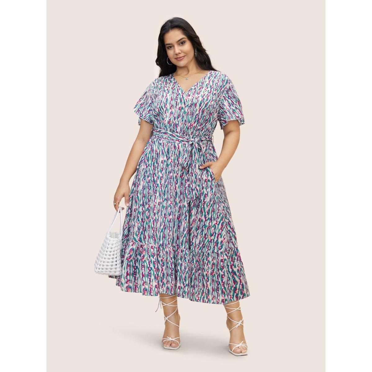 Plus Size V Neck Striped Belted Petal Sleeve Dress Turquoise Women Resort Belted V-neck Short sleeve Curvy BloomChic 12/L Product Image