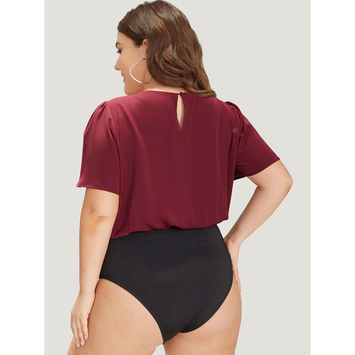 Plus Size Plain Keyhole Plicated Detail Puff Sleeve Bodysuit Women Burgundy Plain Keyhole Bodysuits BloomChic 28/5X Product Image