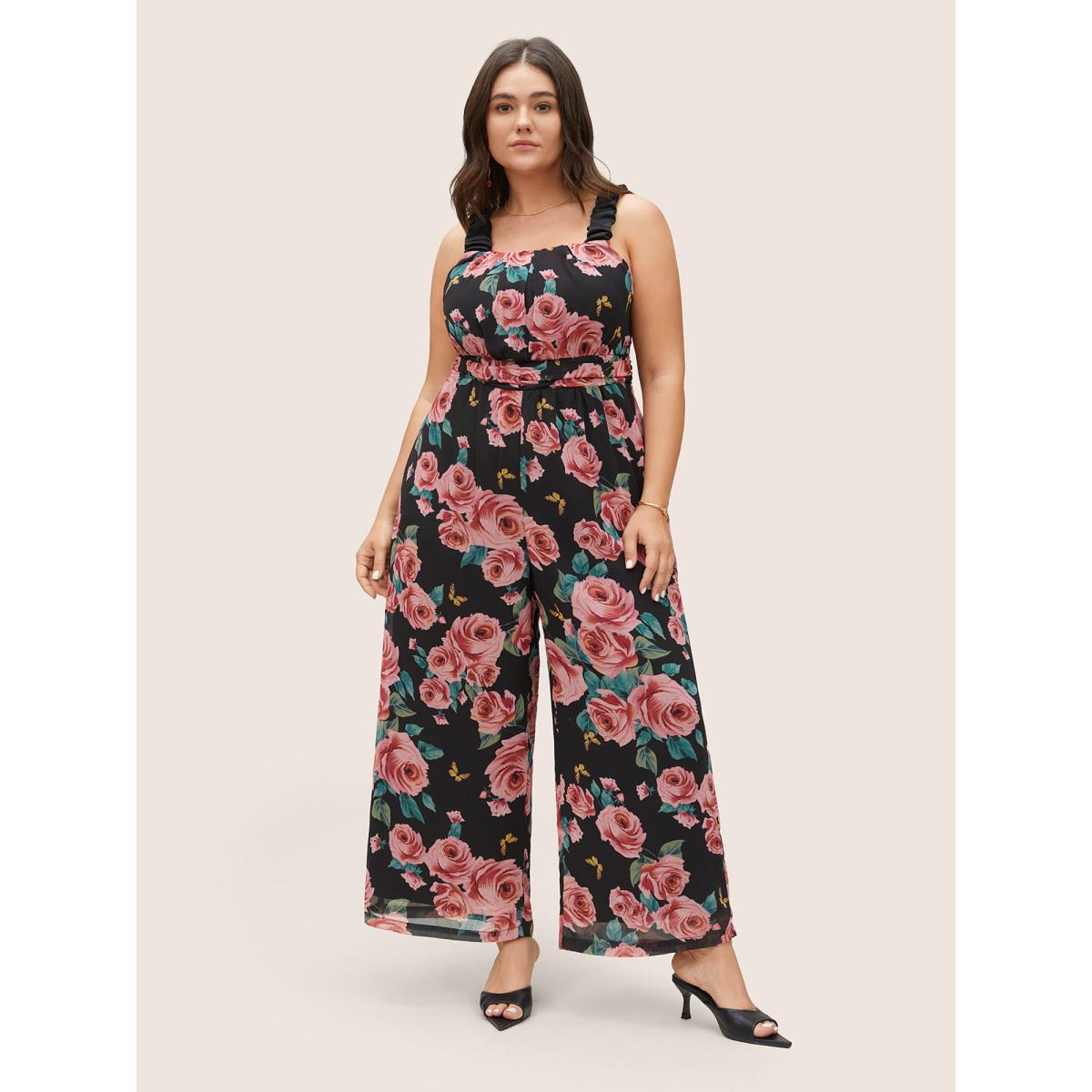 Plus Size BlackFlower Floral Print Ruched Detail Pocket Cami Jumpsuit Women Elegant Sleeveless Non Everyday Loose Jumpsuits BloomChic 10/M Product Image