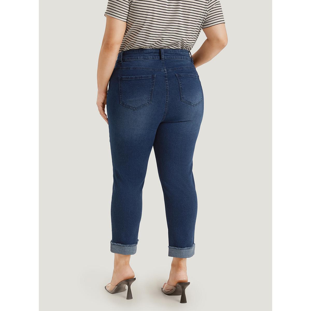 Plus Size Solid Frayed Roll Hem High Rise Jeans Women Blue Casual Plain Plain High stretch Pocket Jeans BloomChic 14/1X Product Image