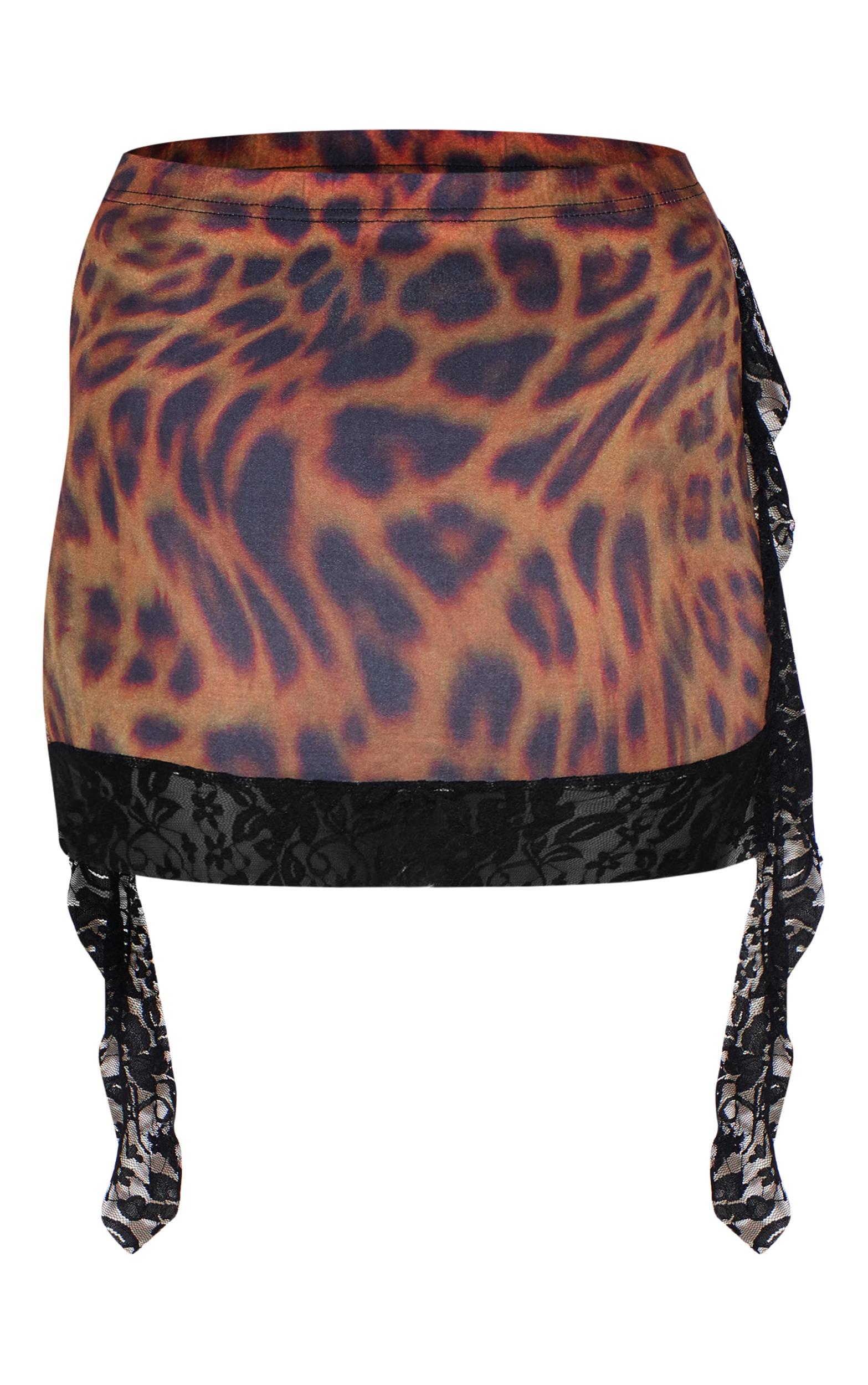 Brown Leopard Print Slinky Lace Trim Mini Skirt Product Image