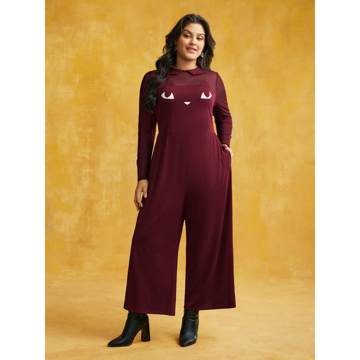Plus Size Scarlet Stretch Fabric Spooky Cat Jumpsuit Women Playful Long Sleeve Round Neck Casual Loose Jumpsuits BloomChic 26/4X Product Image