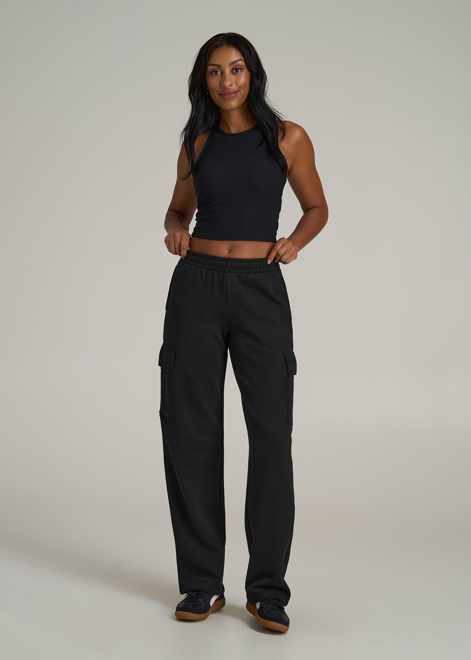 Mid Rise Cargo Fleece Sweatpants for Tall Women in Black Product Image