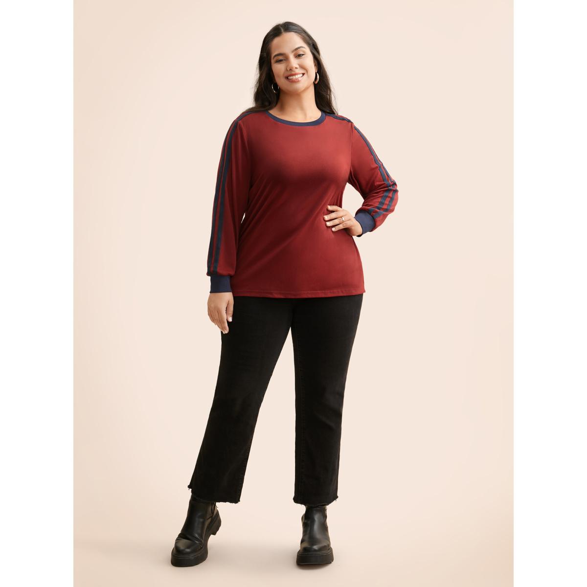 Plus Size Crew Neck Contrast Webbing T-shirt Scarlet Women Casual Contrast Round Neck Loose Everyday T-shirts BloomChic 14-16/1X Product Image