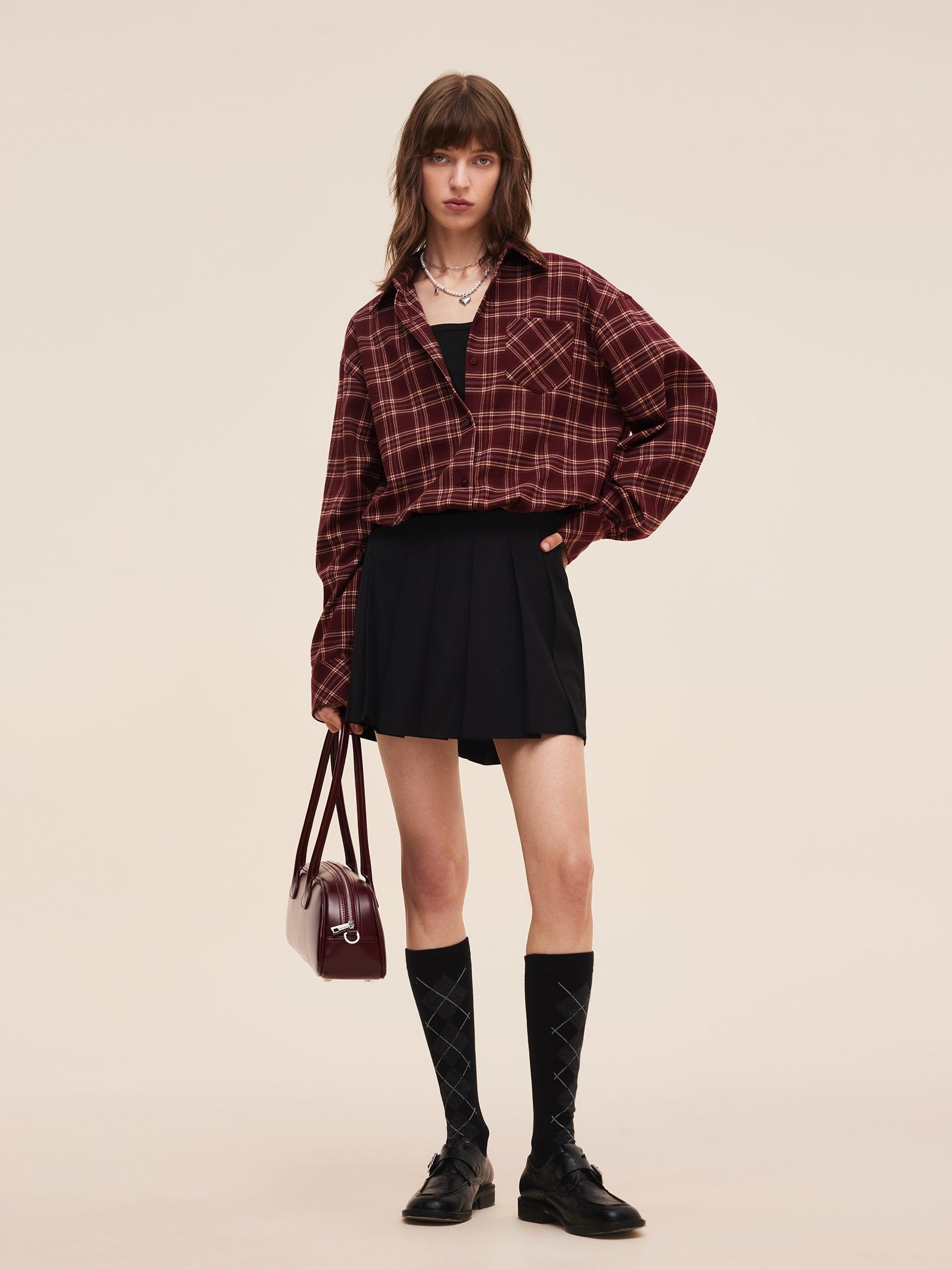 Mock Layered Plaid Women Long Sleeve Shirt Product Image