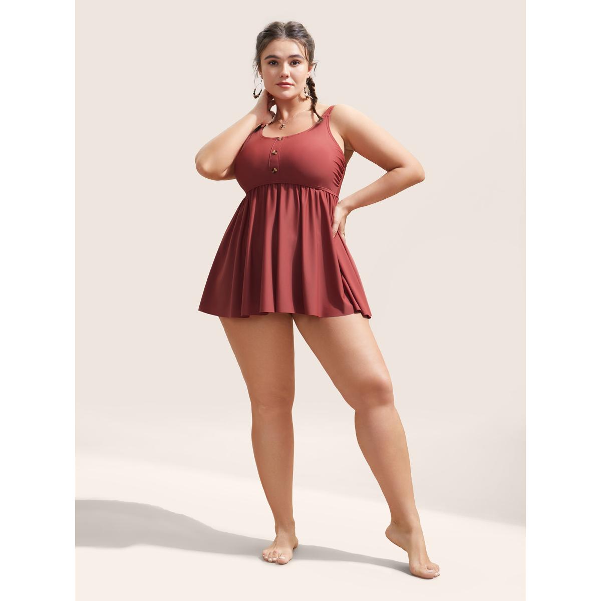 Plus Size Plain Gathered Button Detail Swim Top Women's Swimwear Rust Beach Non High stretch Bodycon U-neck Curve Swim Tops BloomChic 26/4X Product Image