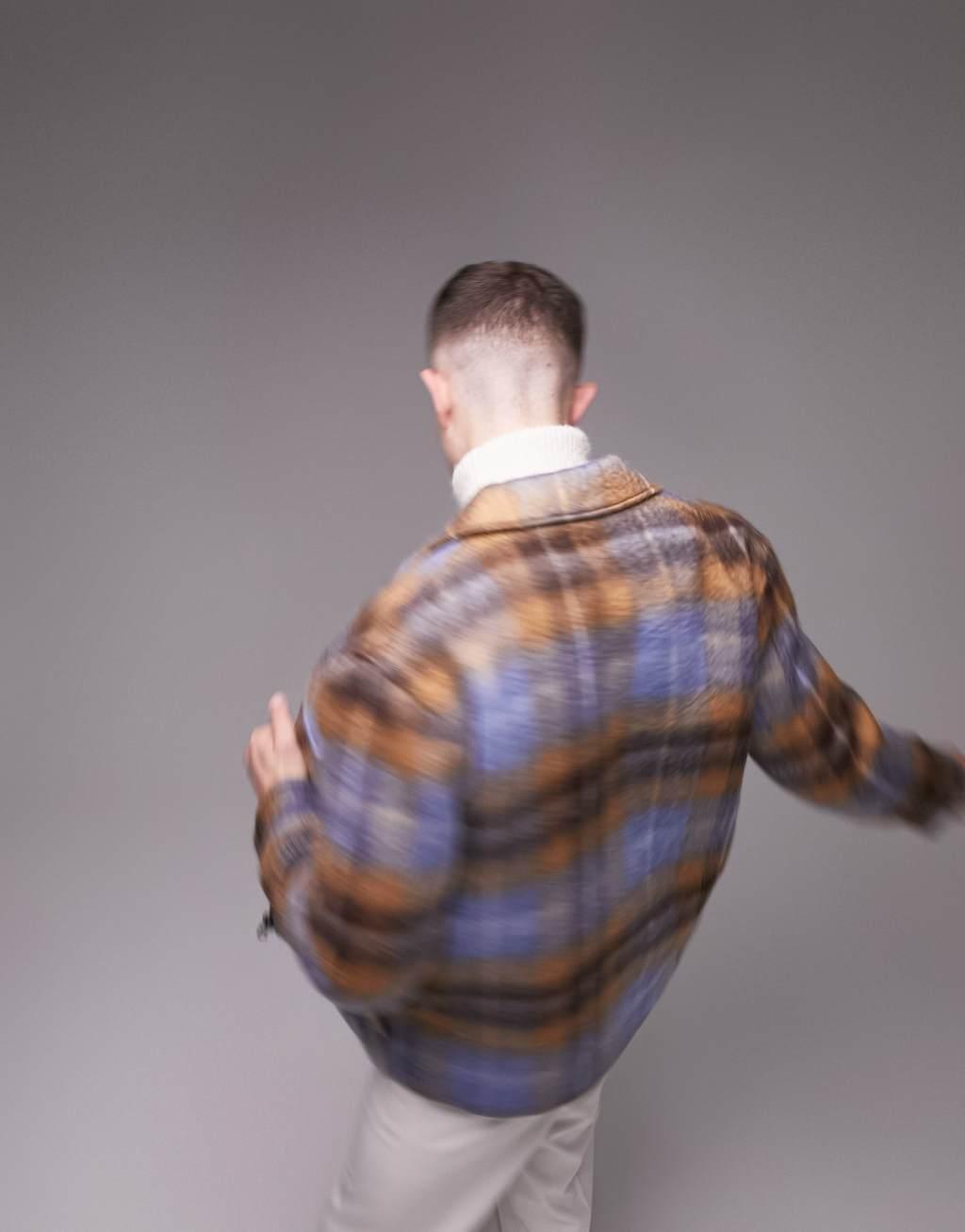 Topman wool blend shacket in blue and brown check Product Image