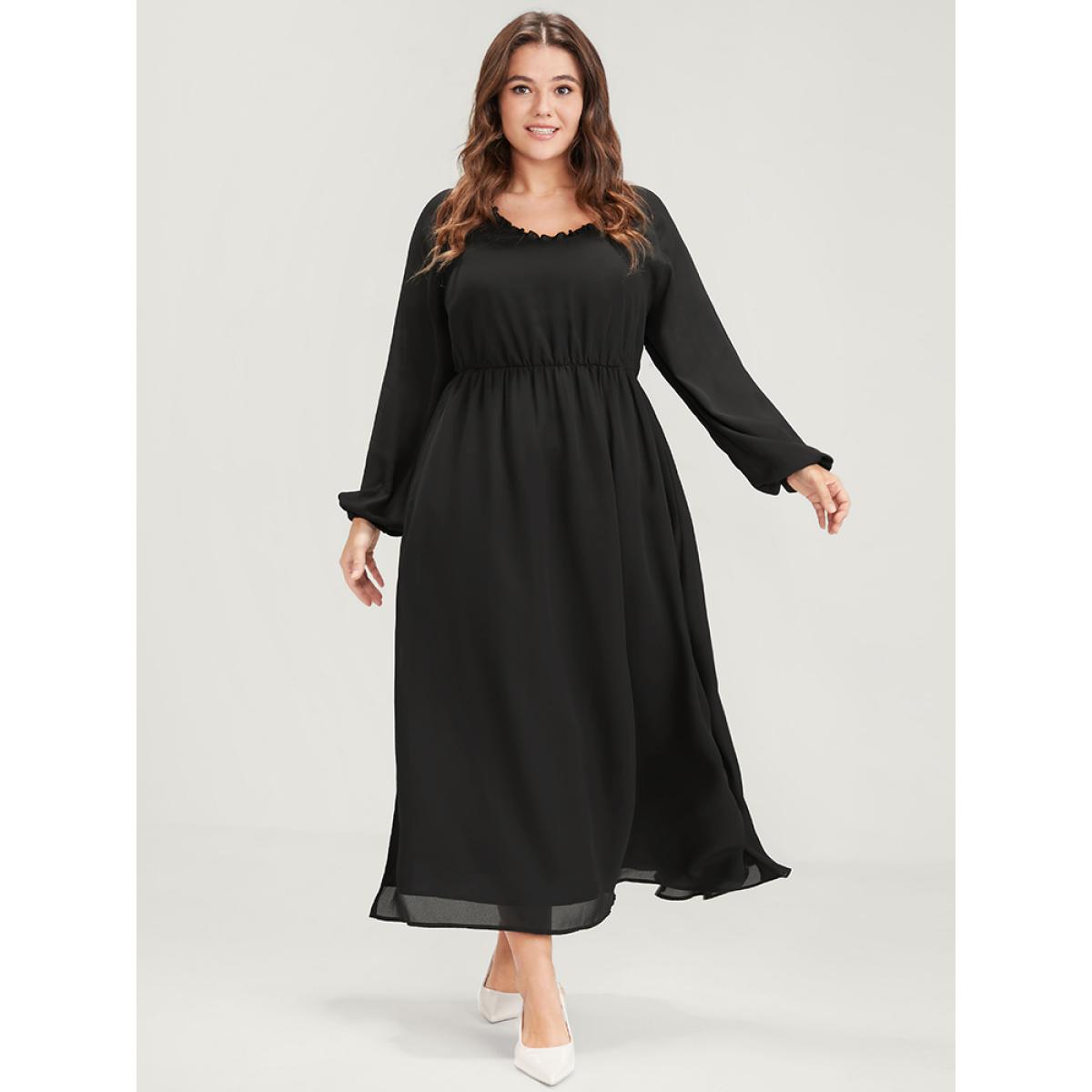 Plus Size Plain Lantern Sleeve Pocket Ruffle Trim V Neck Split Dress Black Women Elegant Elastic Waist V-neck Long Sleeve Curvy Midi Dress BloomChic 22-24/3X Product Image