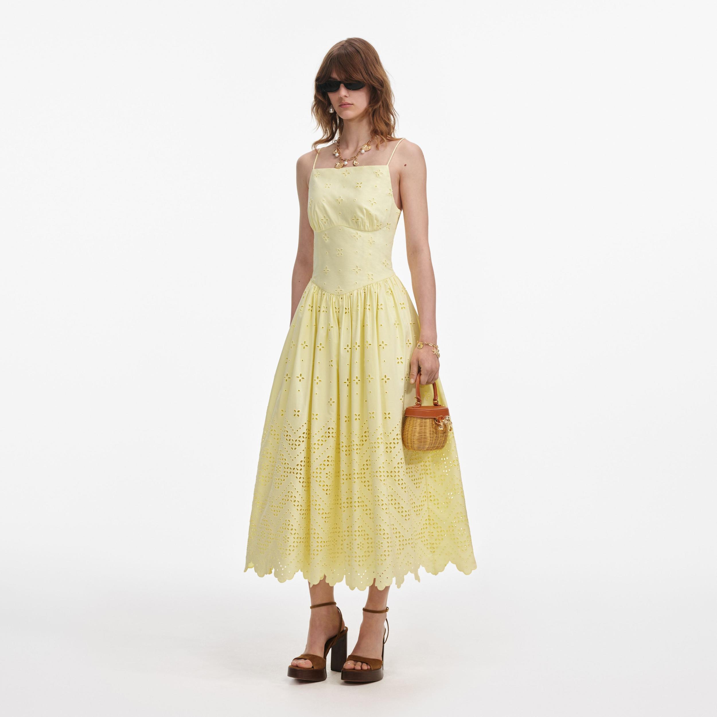Yellow Cotton Broderie Midi Dress Product Image