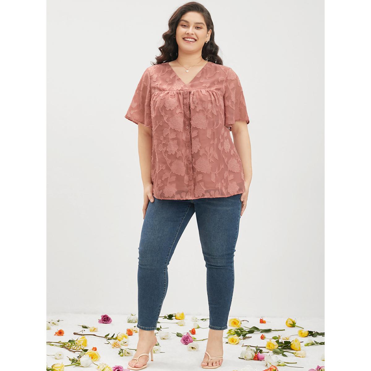 Plus Size DustyPink Floral Print Mesh Ruffle Sleeve Button Detail V Neck Blouse Women Elegant Short sleeve V-neck Going out Blouses BloomChic 12/L Product Image