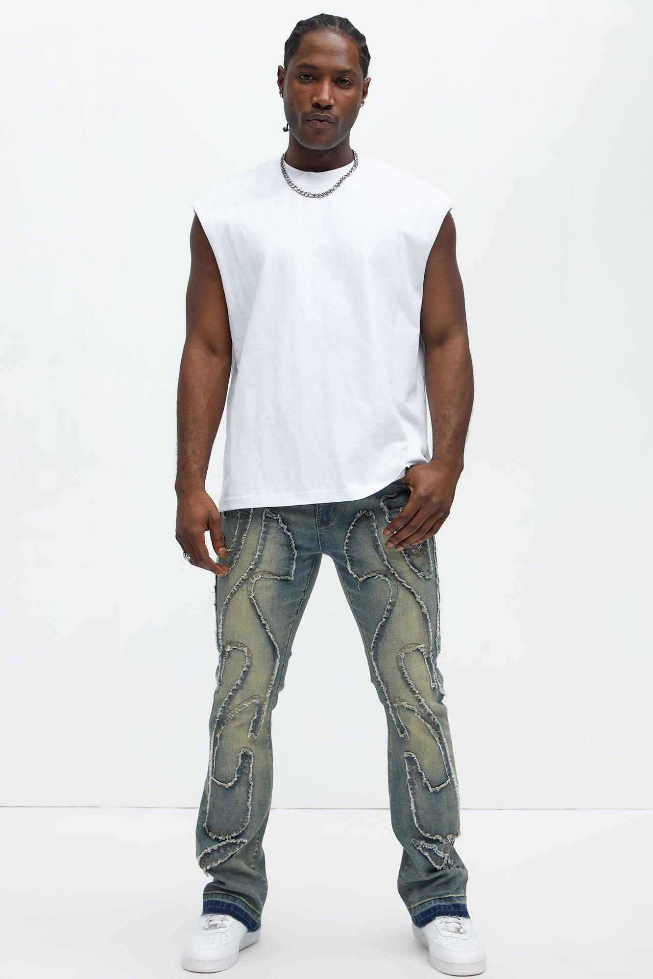 Flame Frayed Patch Stacked Skinny Flare Jeans - Vintage Blue Wash Product Image