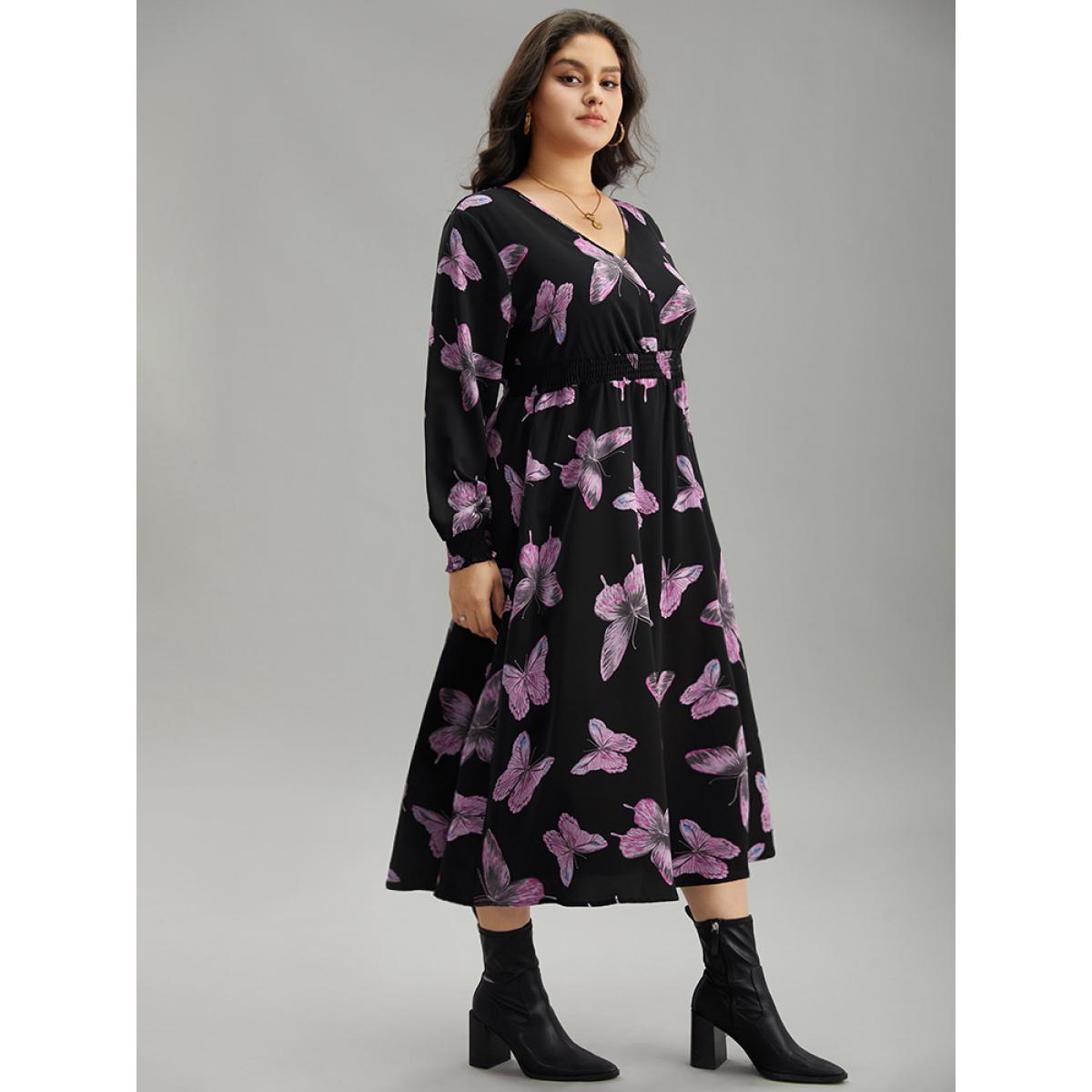 Plus Size Butterfly Print Pocket Shirred Cuffs Dress Black Women Elegant Printed V-neck Long Sleeve Curvy Midi Dress BloomChic 22-24/3X Product Image
