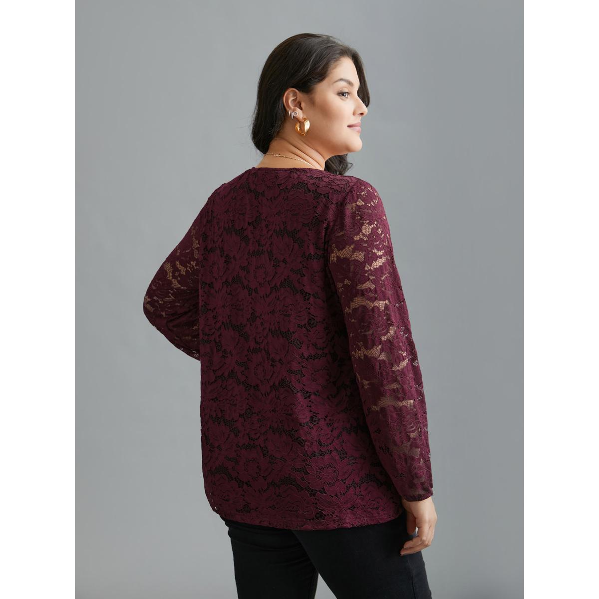 Plus Size Scarlet Sheer Lace Sleeve Pleated Slim-Fit Blouse Women Elegant Long Sleeve V-neck Everyday Blouses BloomChic 26/4X Product Image