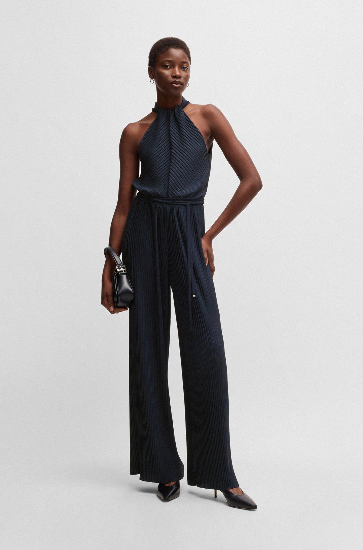 BOSS - Sleeveless jumpsuit with plissé pleats and tie belt - Dark Blue Product Image
