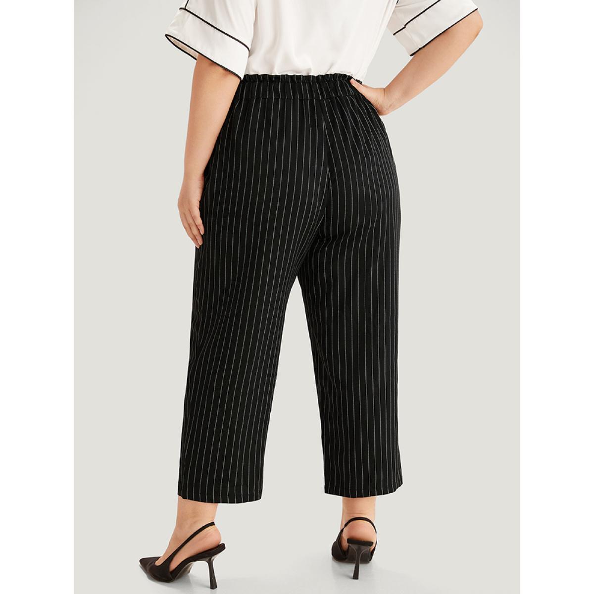 Plus Size Striped Button Detail Pocket Pleated Pants Women Black Office Straight Leg High Rise Office Pants BloomChic 30/6X Product Image