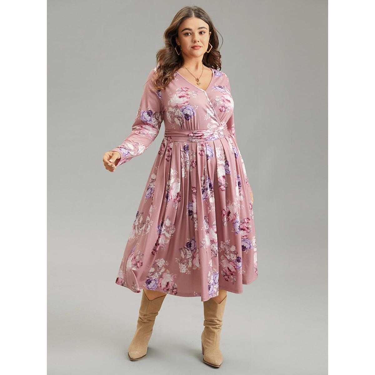 Plus Size Floral Wrap Pleated Elastic Waist Ruched Dress DustyPink Women Casual Wrap Overlap Collar Long Sleeve Curvy Midi Dress BloomChic 10/M Product Image