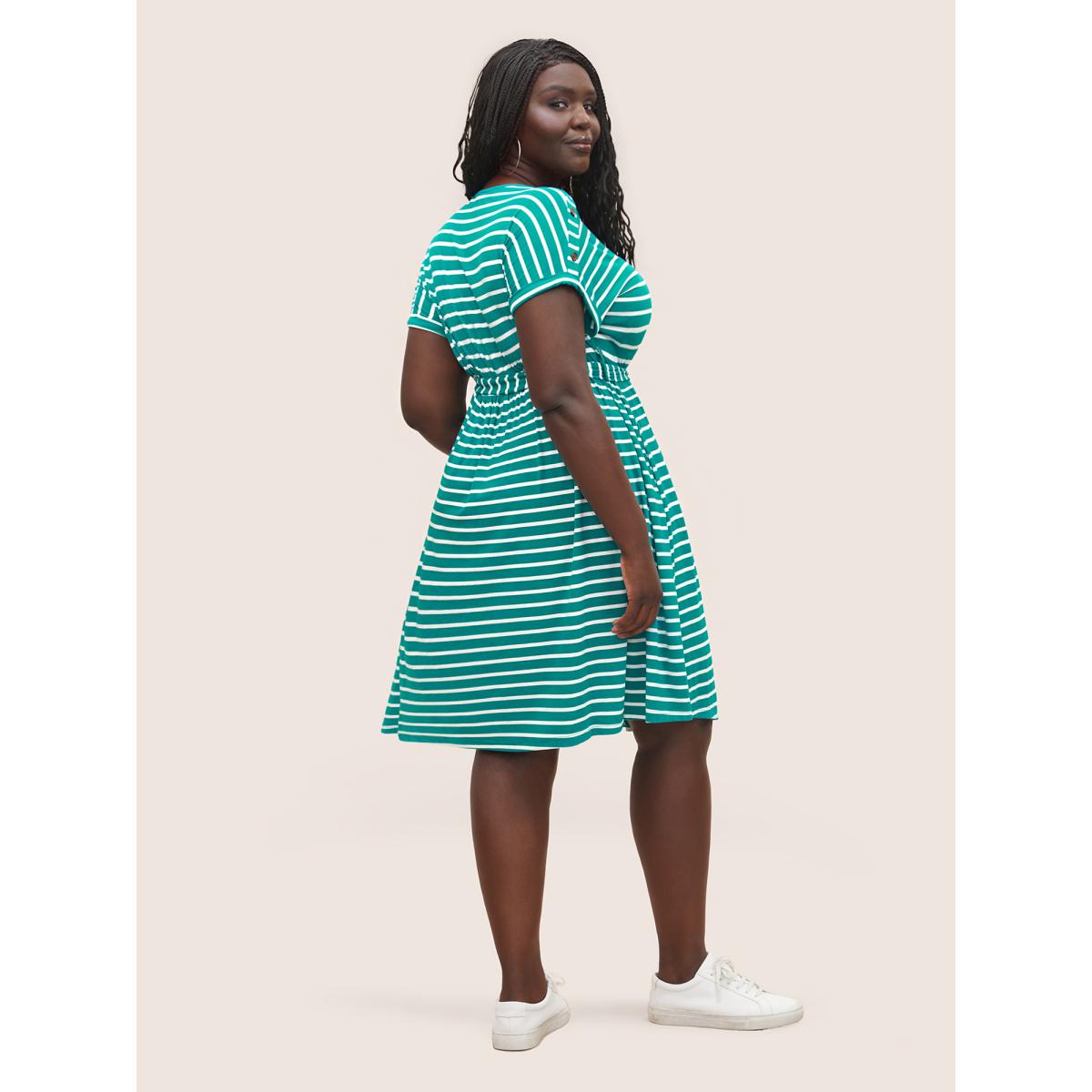 Plus Size Supersoft Essentials Striped Dolman Sleeve Belted Dress Turquoise Women Casual Non Round Neck Short sleeve Curvy Midi Dress BloomChic 22-24/3X Product Image