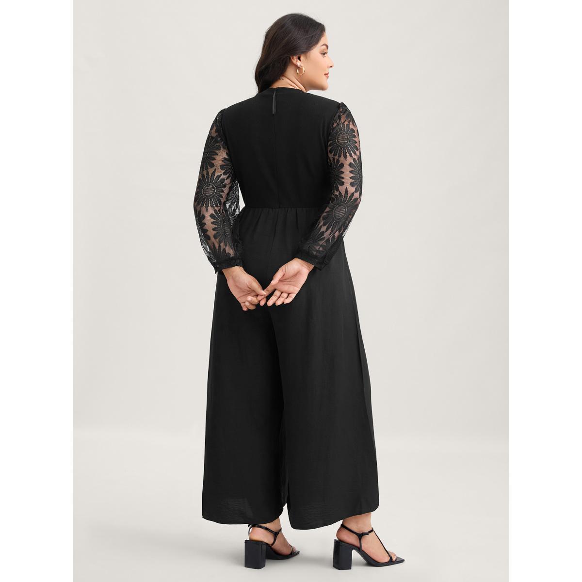 Plus Size Black Crochet Lace Mesh Mock Neck Jumpsuit Women Timeless Long Sleeve Mock Neck Elegant Loose Jumpsuits BloomChic 18-20/2X Product Image