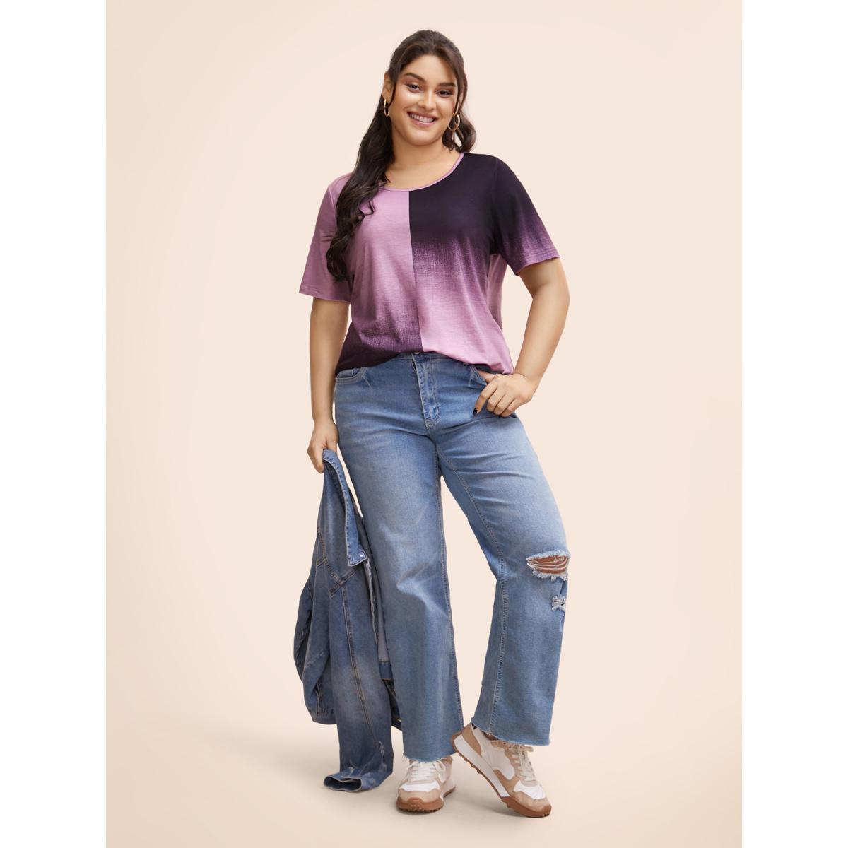 Plus Size Ombre Heather Contrast Round Neck T-shirt Mauve Women Casual Non Round Neck Everyday T-shirts BloomChic 22-24/3X Product Image