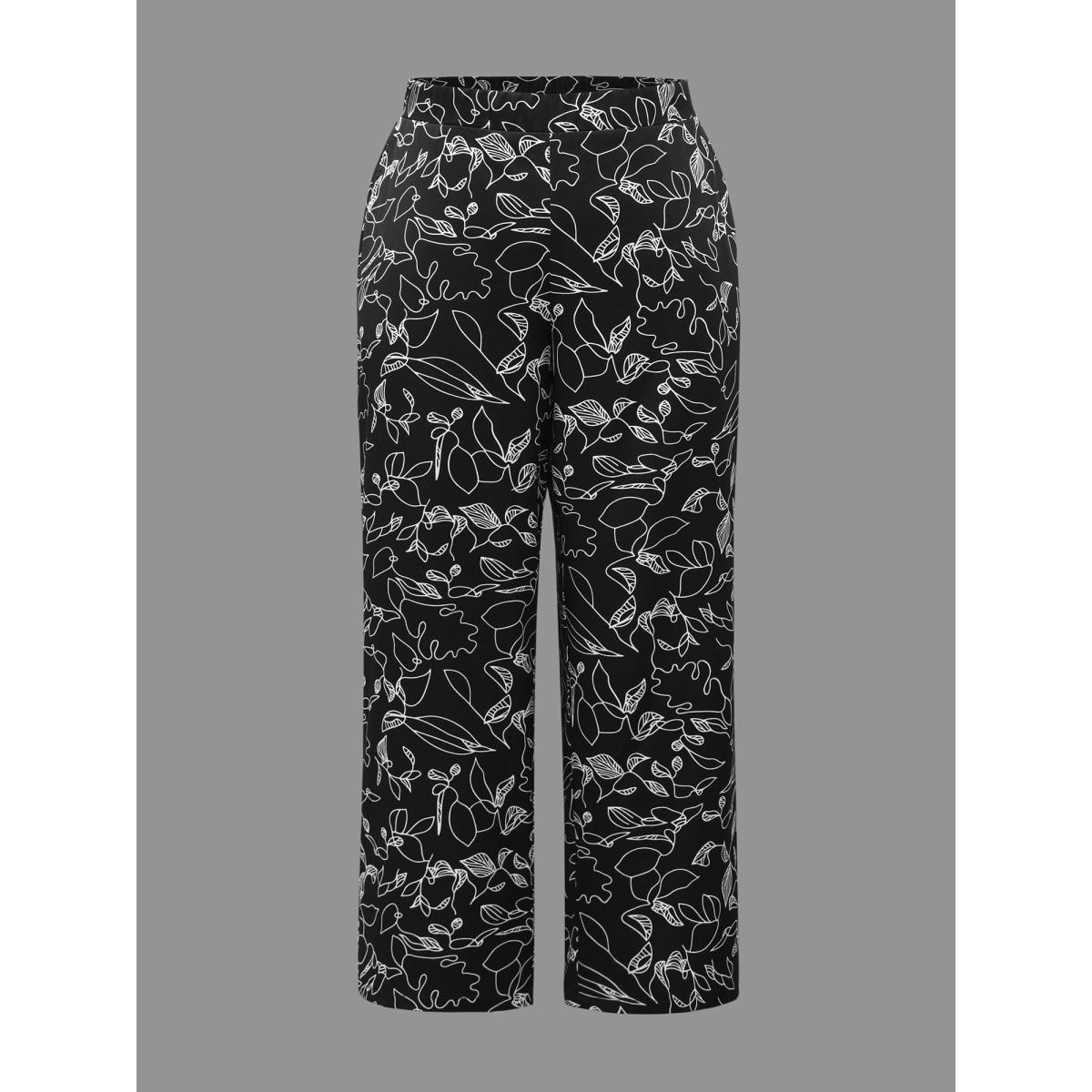 Plus Size Graffiti Print Elastic Waist Wide Leg Pants Women BlackFlower At the Office Wide Leg Mid Rise Office Pants BloomChic 26/4X Product Image