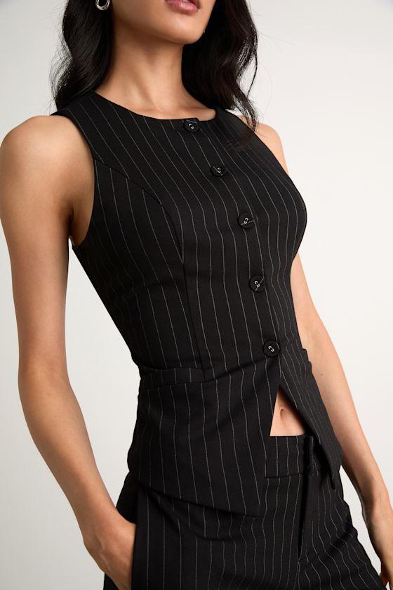 Hadriel Black Pinstriped Button-Front Vest Top Product Image