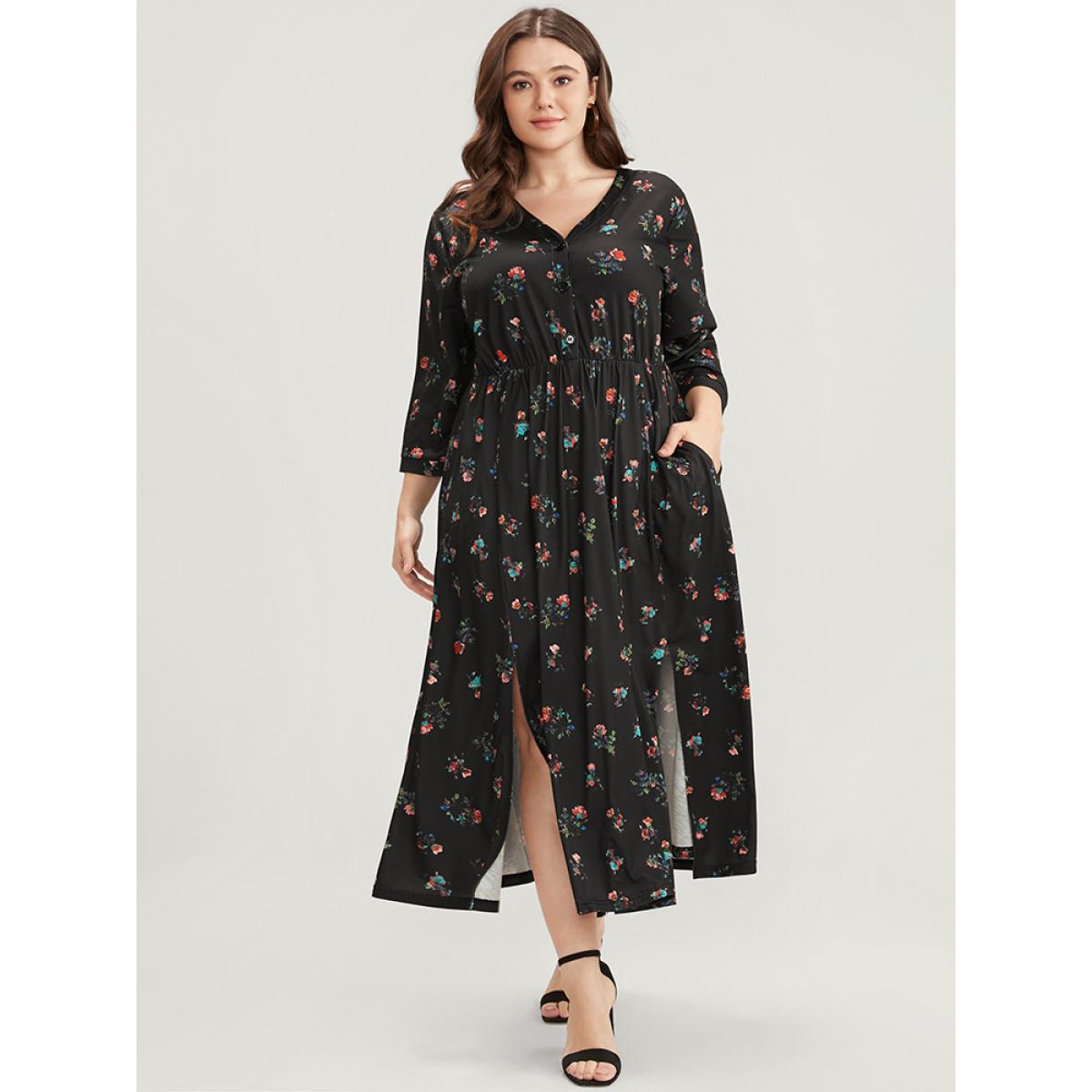 Plus Size Ditsy Floral Button Up Pocket Split Hem Dress BlackFlower Women Elegant Slit V-neck Curvy Midi Dress BloomChic 12/L Product Image