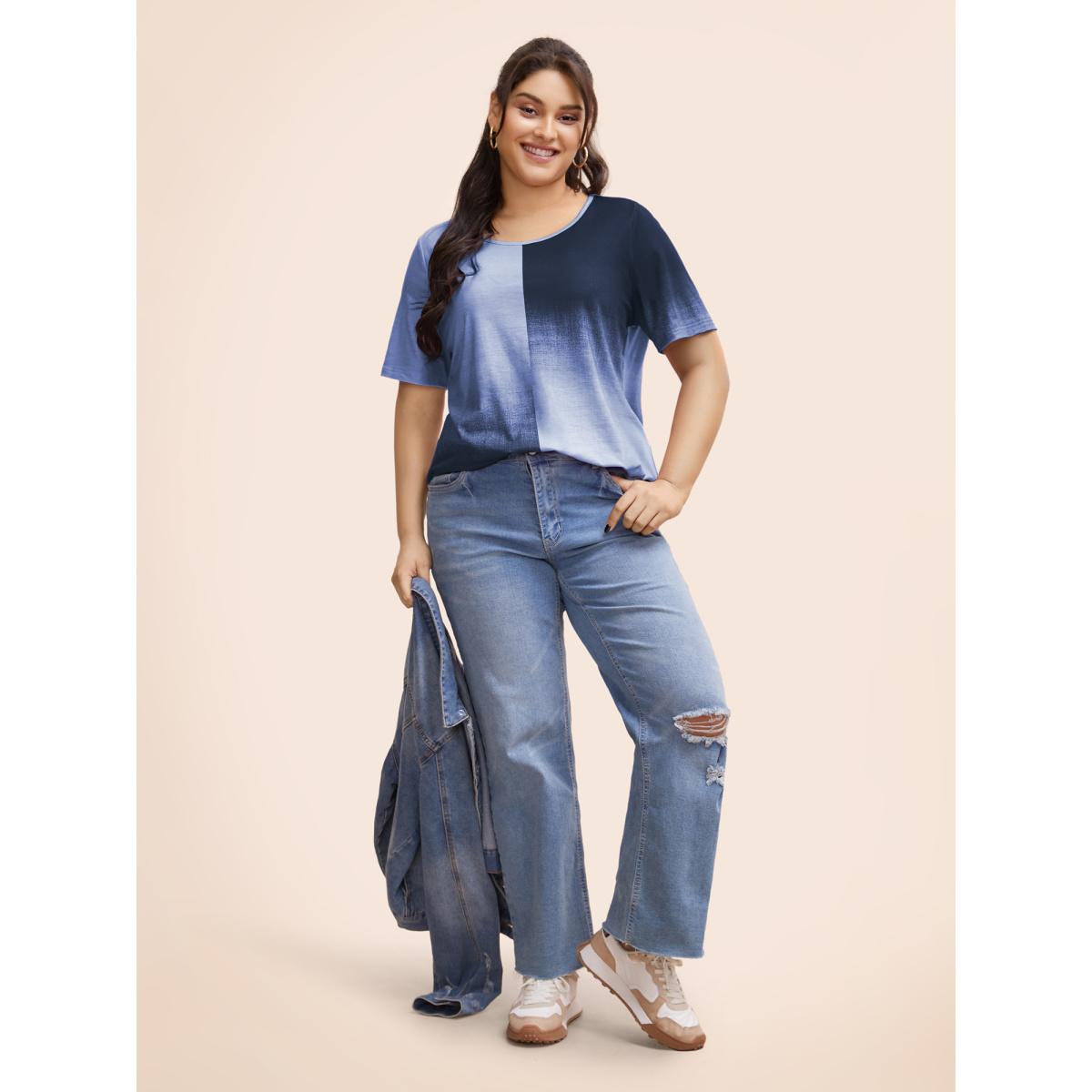 Plus Size Ombre Heather Contrast Round Neck T-shirt Mauve Women Casual Non Round Neck Everyday T-shirts BloomChic 22-24/3X Product Image