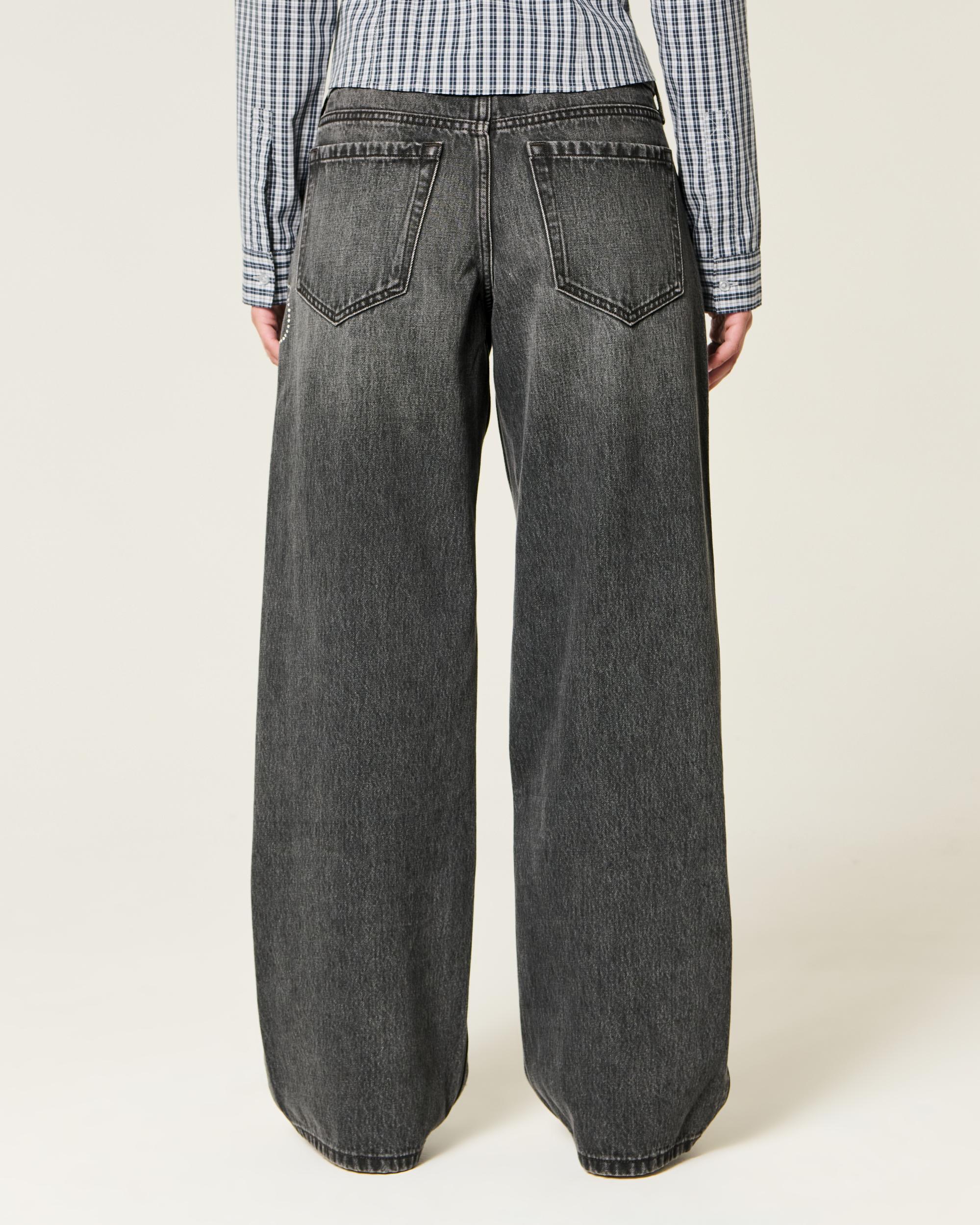 Low-Rise Washed Black Shine Bow Baggy Jeans Product Image