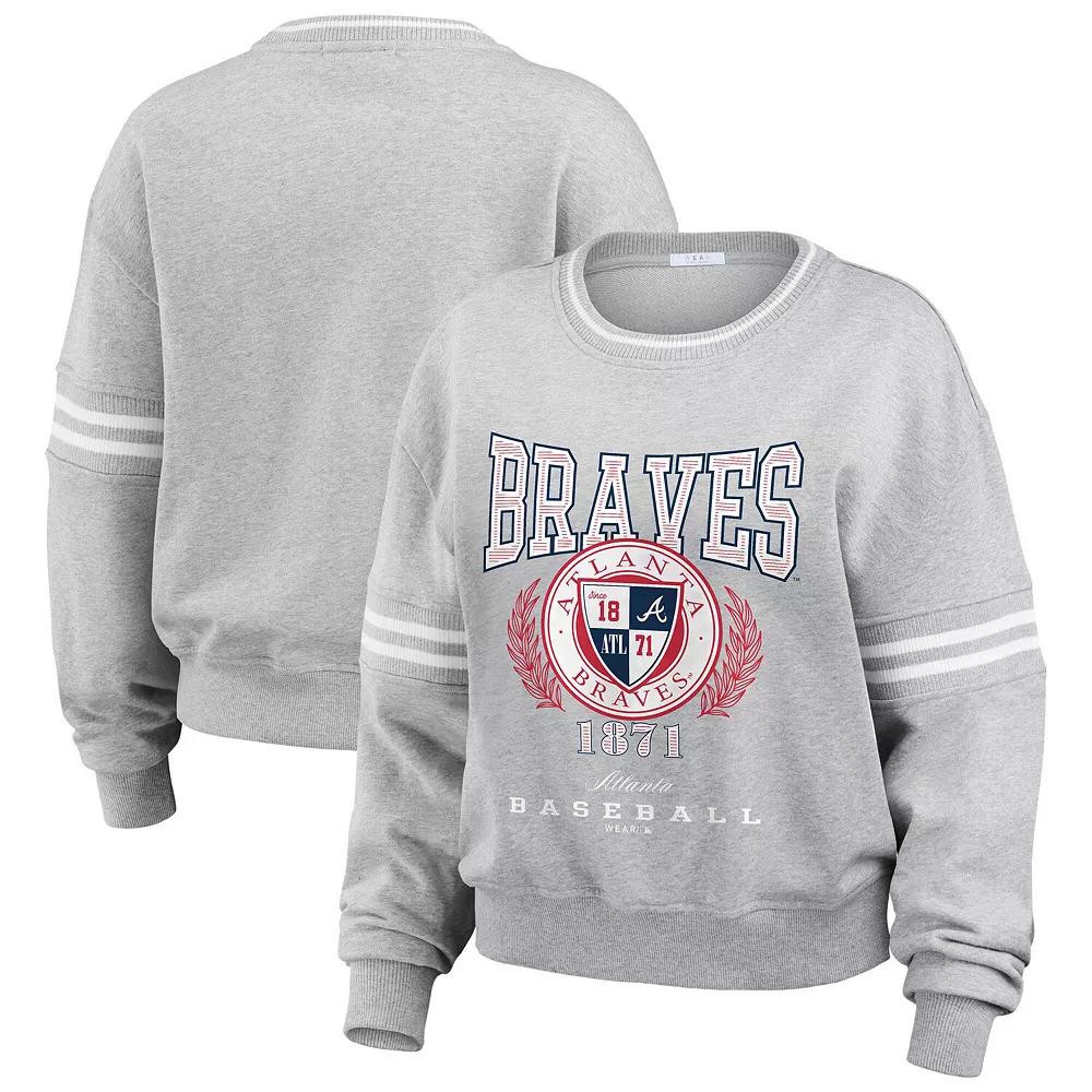 Women's WEAR by Erin Andrews Heather Gray Atlanta Braves Domestic Crest Pullover Sweatshirt,  Product Image