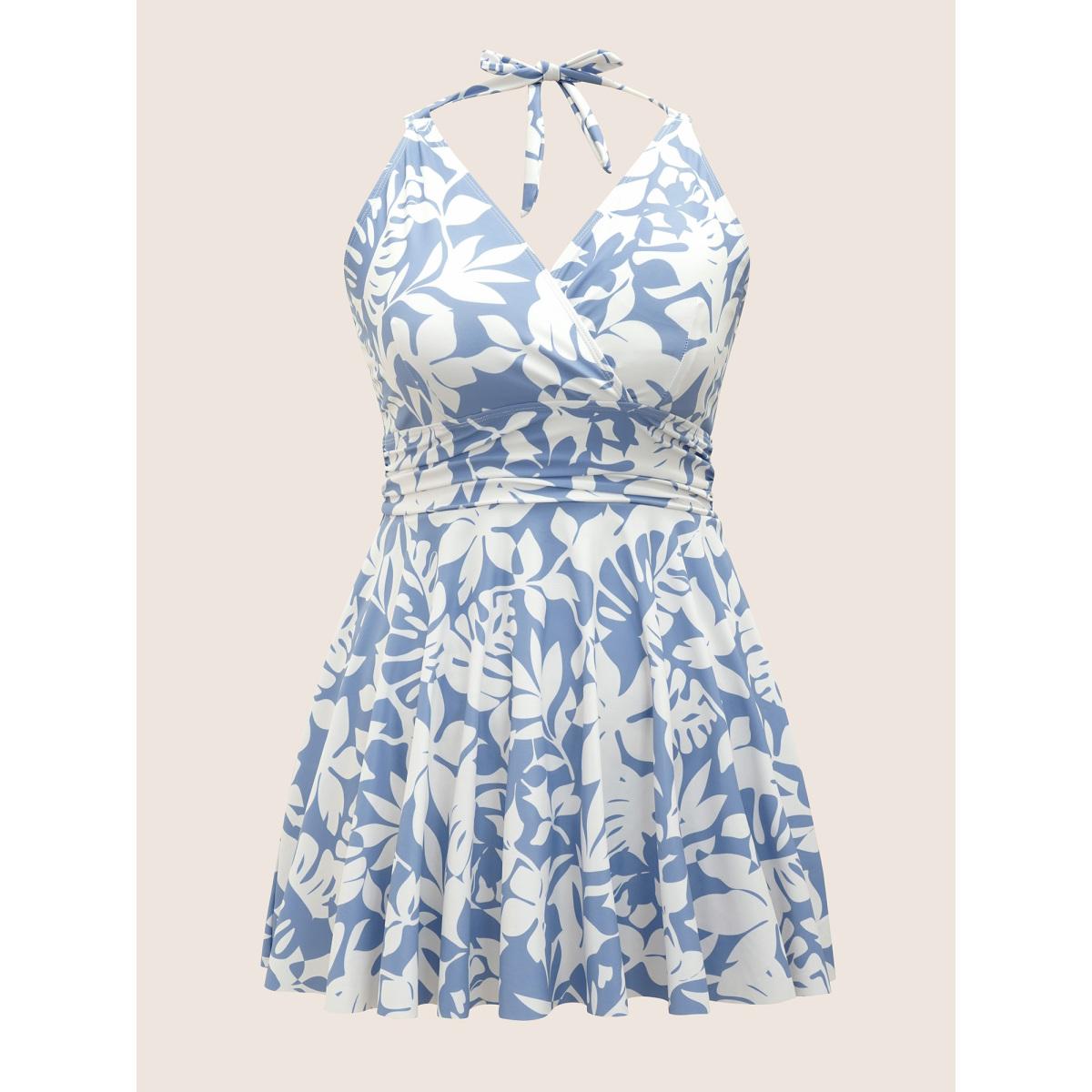 Plus Size Overlap Collar Silhouette Floral Print Swim Dress Women's Swimwear LightBlue Beach Bodycon Overlap Collar High stretch Curve Swim Dresses BloomChic 26/4X Product Image