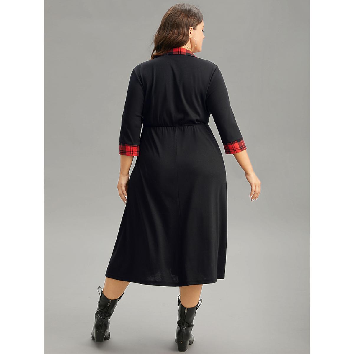 Plus Size Plaid Patchwork Shirt Collar Button Up Dress Black Women Casual Printed Shirt collar Elbow-length sleeve Curvy Midi Dress BloomChic 14-16/1X Product Image