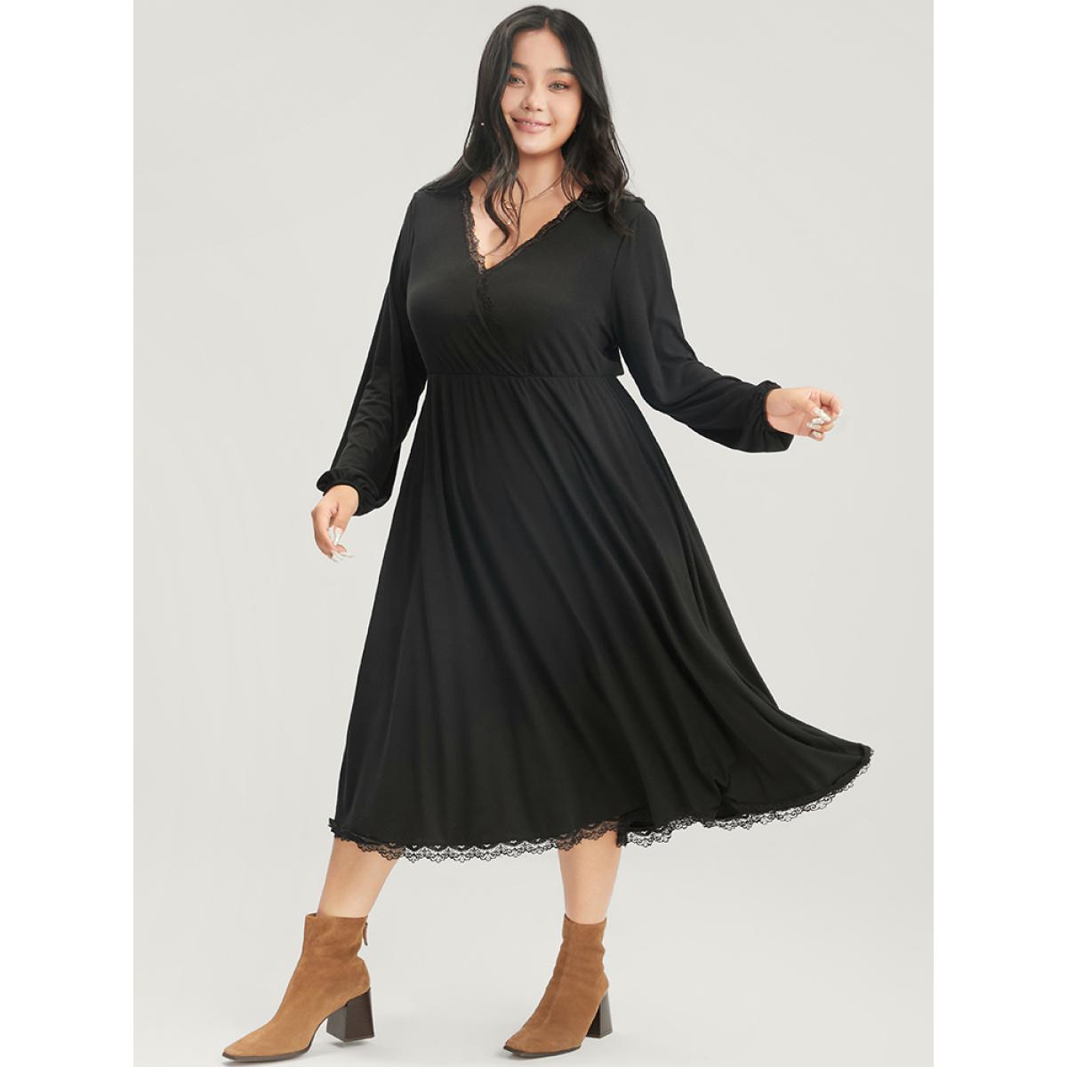 Plus Size Solid Lantern Sleeve Pocket Lace Trim Wrap Dress Black Women Elegant Lace V-neck Long Sleeve Curvy Midi Dress BloomChic 10/M Product Image