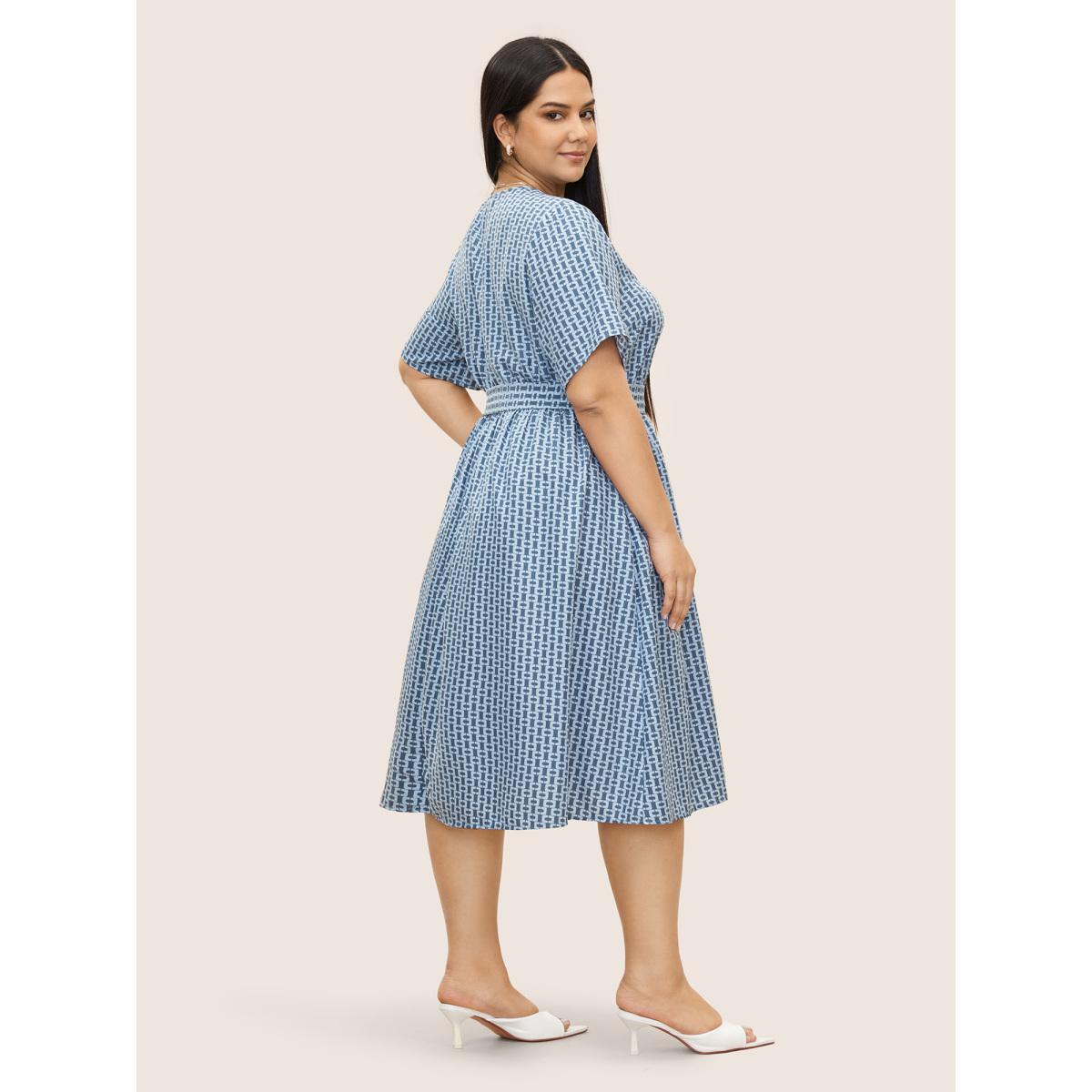 Plus Size Geometric Overlap Collar Elastic Waist Belted Dress Blue Women At the Office Overlapping Overlap Collar Half Sleeve Curvy Midi Dress BloomChic 14-16/1X Product Image