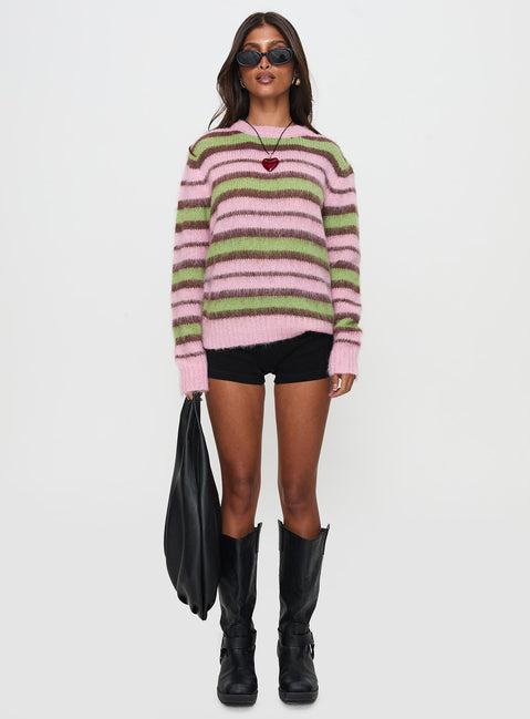 Maysie Crew Neck Knit Sweater Green / Pink Product Image