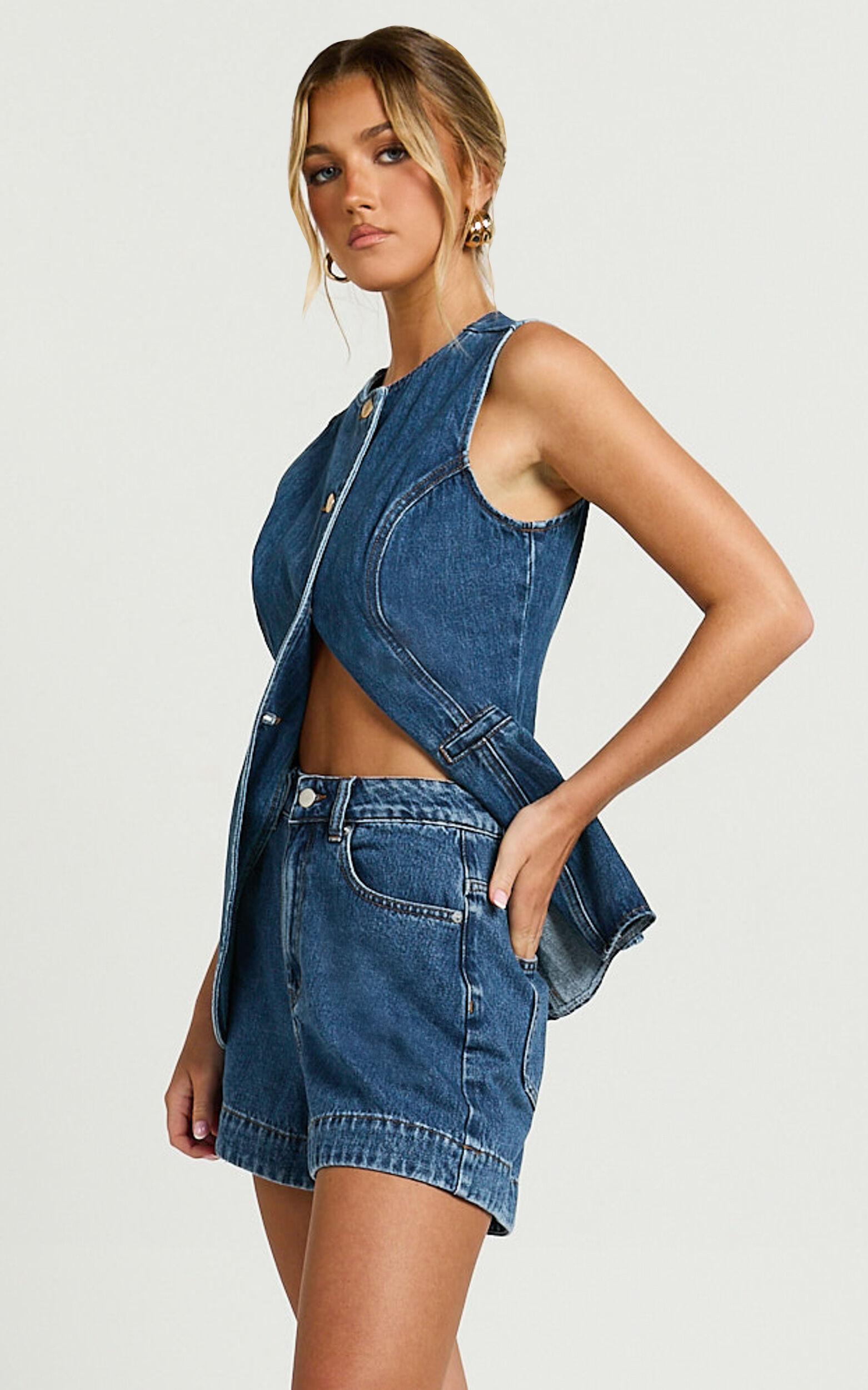 Rhianna Shorts - Mid Waist Recycled Denim Shorts in Dark Blue Wash Product Image