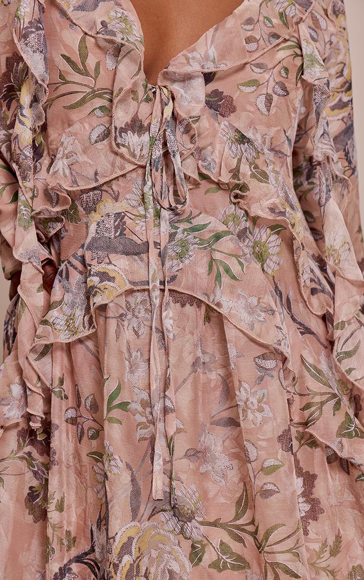 Blush Floral Printed Plunge Extreme Frill Maxi Dress Product Image