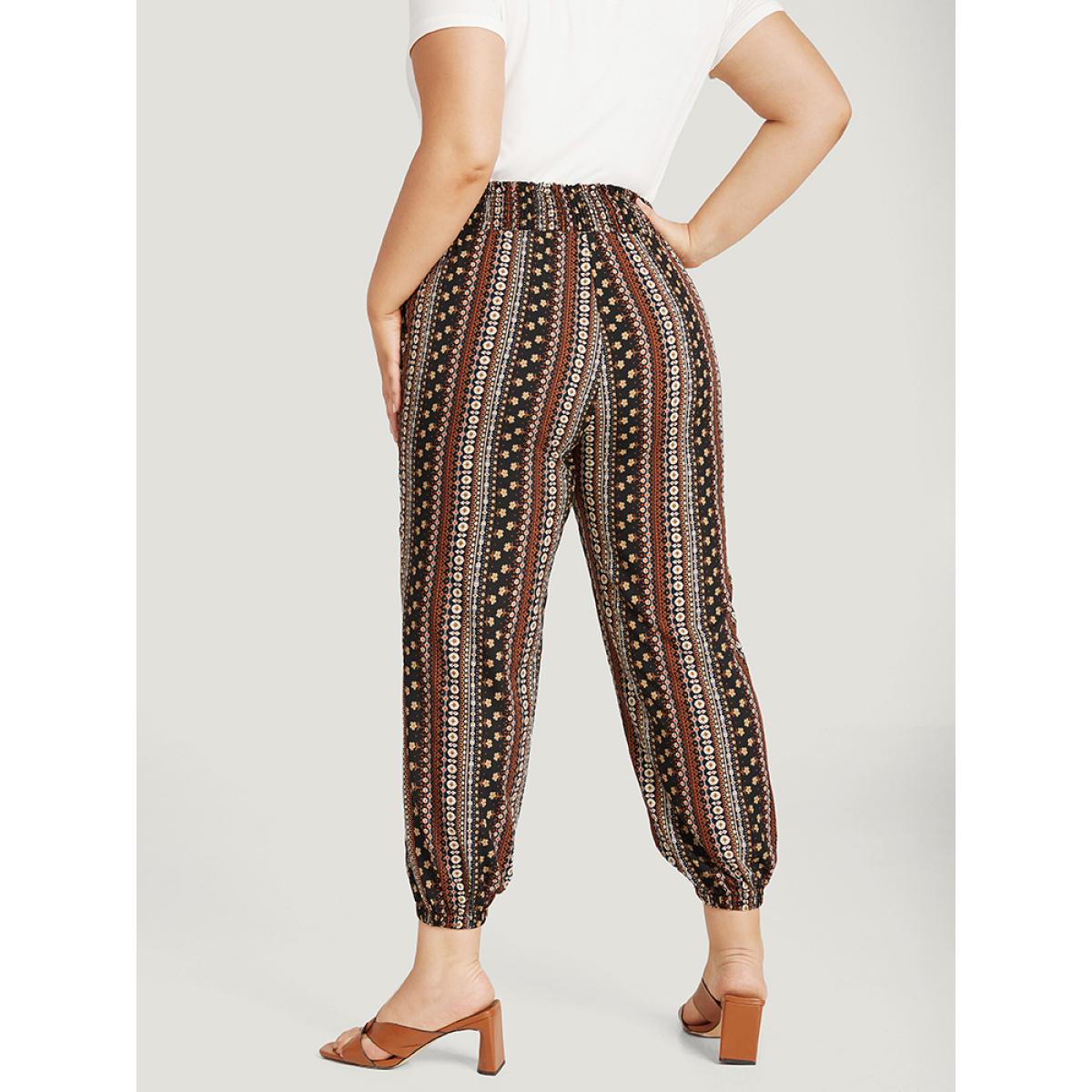 Plus Size Bandana Print Pocket Shirred Ties Pants Women BlackFlower Vacation High Rise Dailywear Pants BloomChic 12/L Product Image