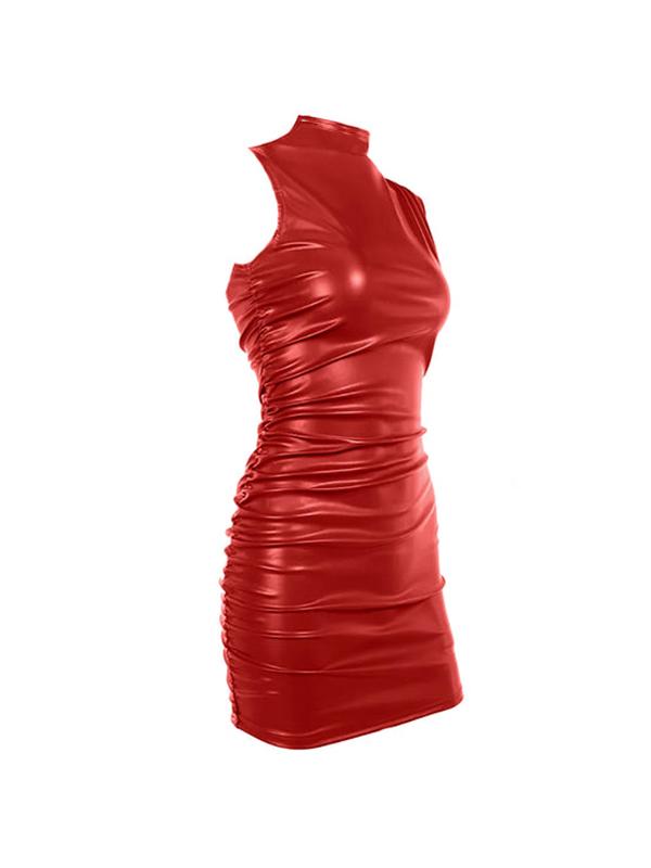Solid Leather Sleeveless Ruched Mini Dress Product Image