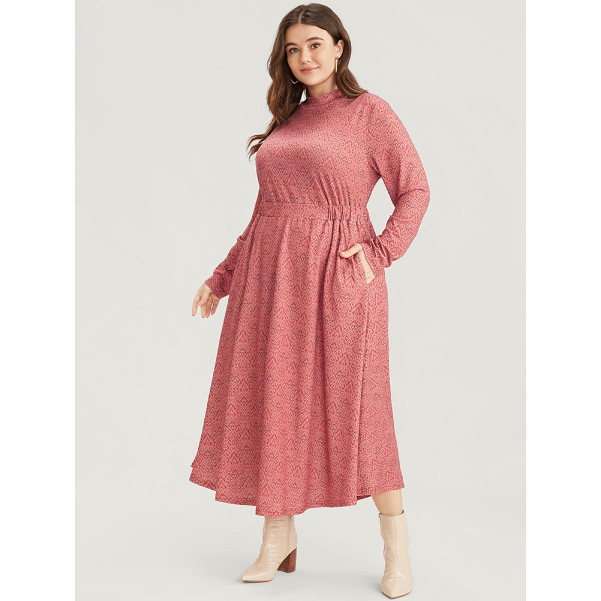 Plus Size Bandana Print Mock Neck Pocket Ruffle Hem Dress Scarlet Women Elegant Elastic Waist Mock Neck Long Sleeve Curvy Midi Dress BloomChic 10/M Product Image