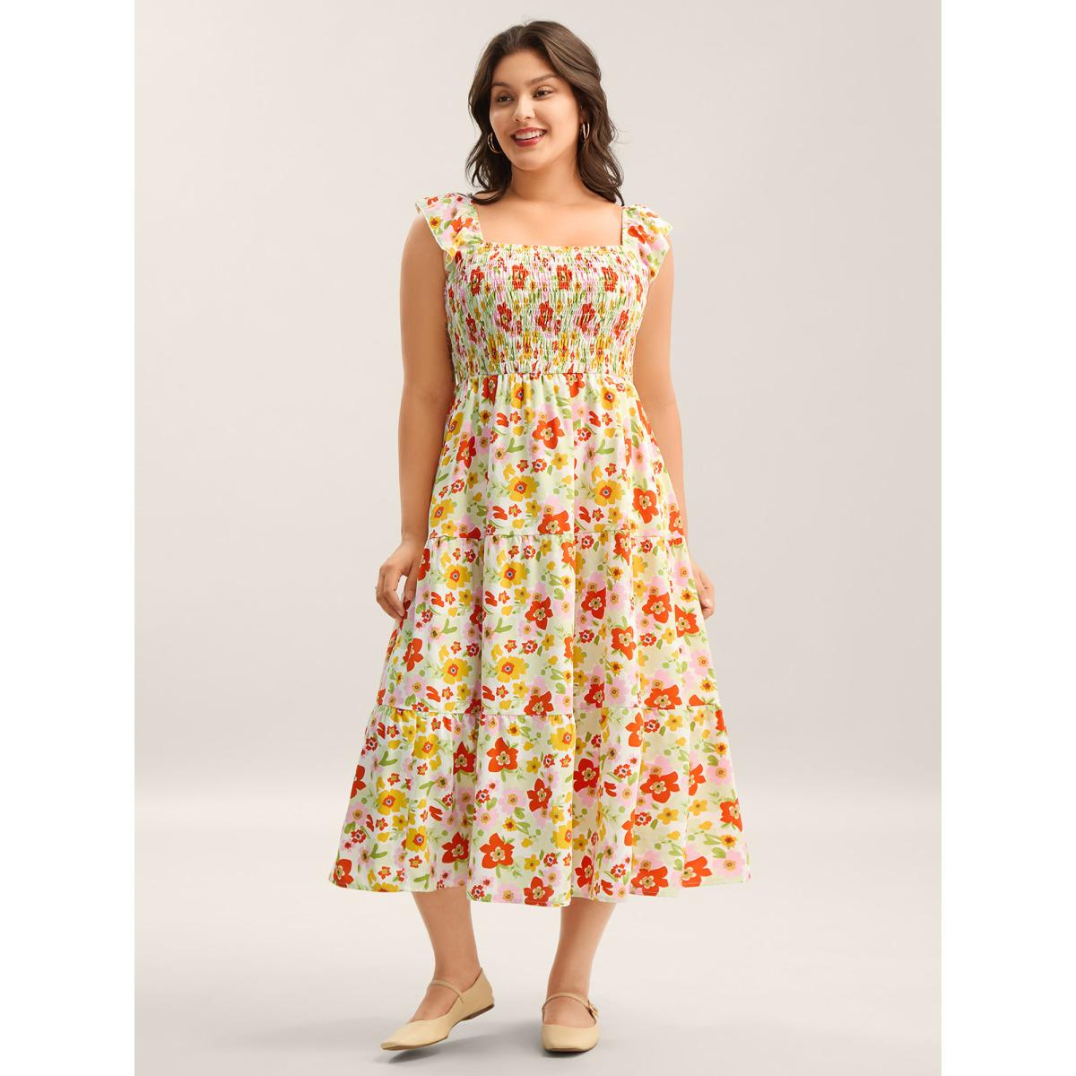 Plus Size Floral Garden Stretchy Waist Shirred Midi Dress Ivory Women Square Neck Cap Sleeve Curvy BloomChic 22-24/3X Product Image