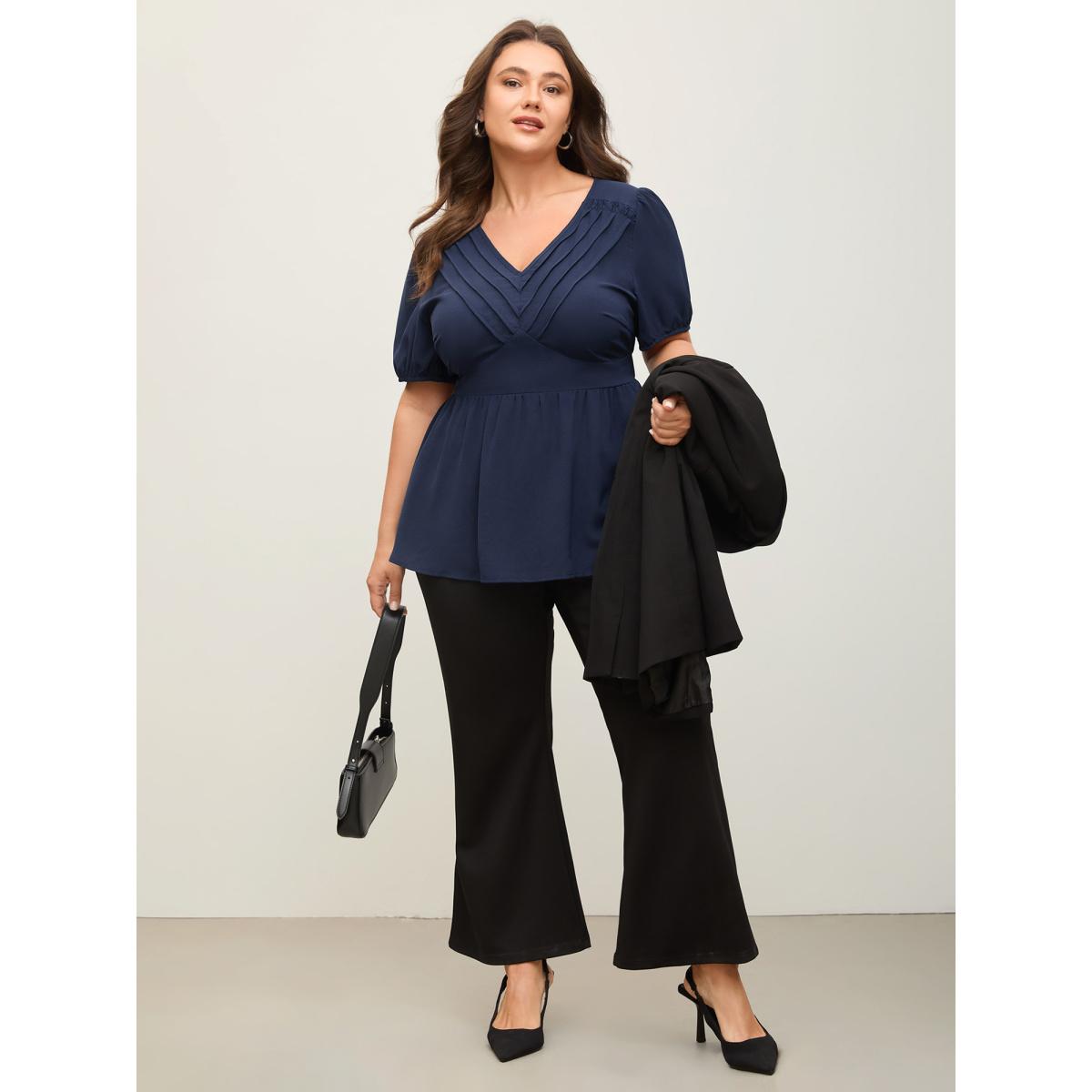 Plus Size Indigo Lace Plicated Detail Cinched Flared Blouse Women Office Short sleeve V-neck Office Blouses BloomChic 14-16/1X Product Image