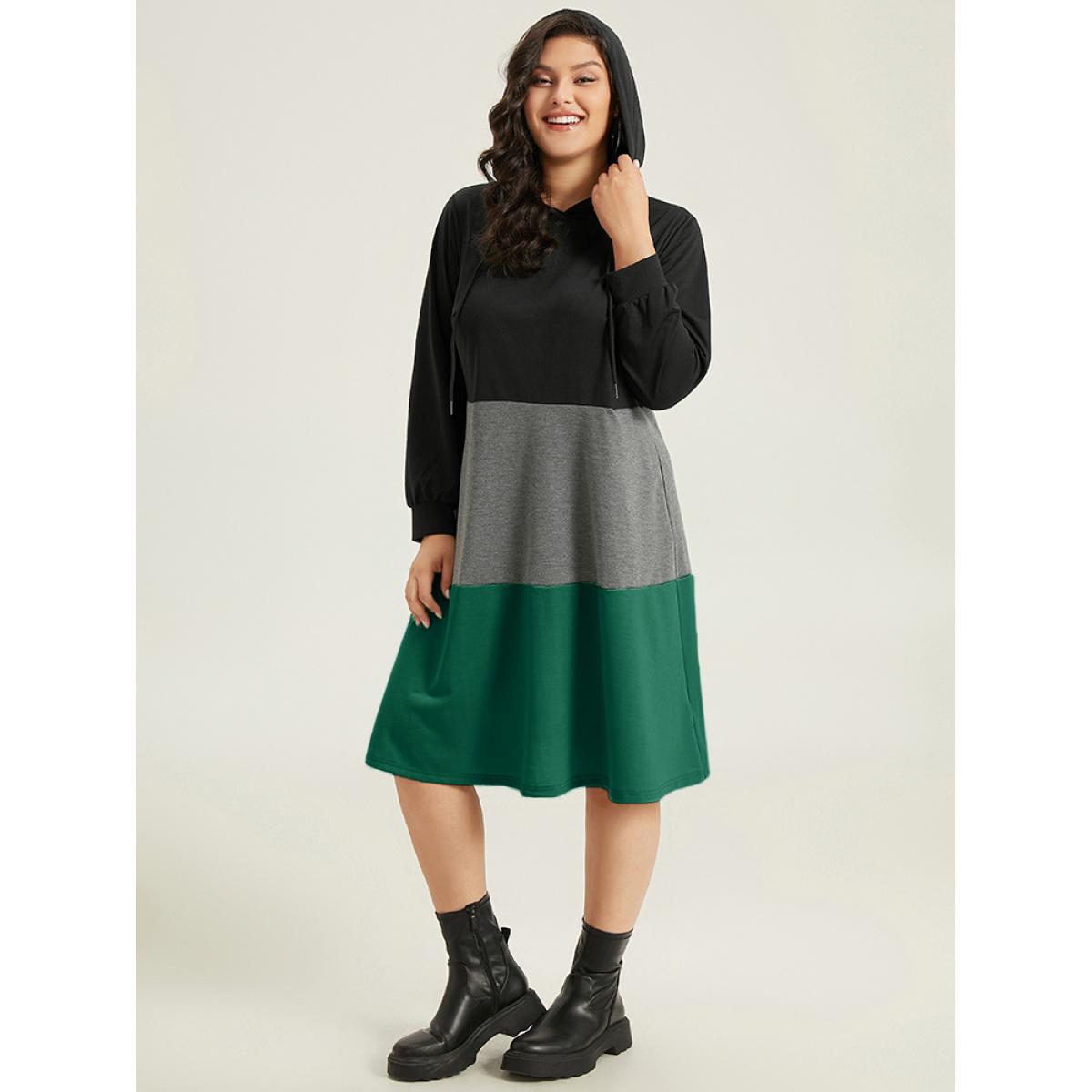 Plus Size Colorblock Contrast Hooded Drawstring Dress Scarlet Women Casual Contrast Hooded Long Sleeve Curvy Midi Dress BloomChic 30/6X Product Image