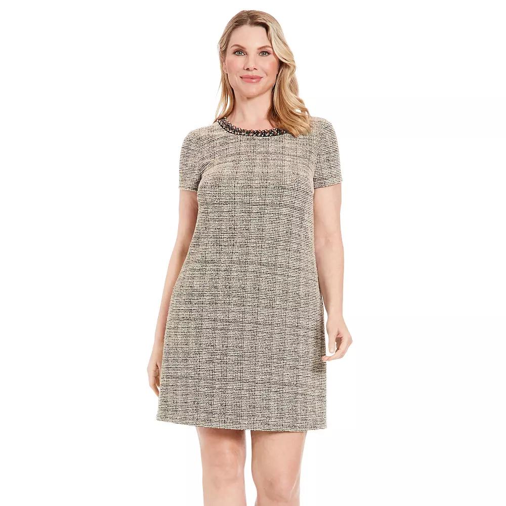 Women's London Times T-shirt Embellished Neckline Tweed Dress,  Product Image